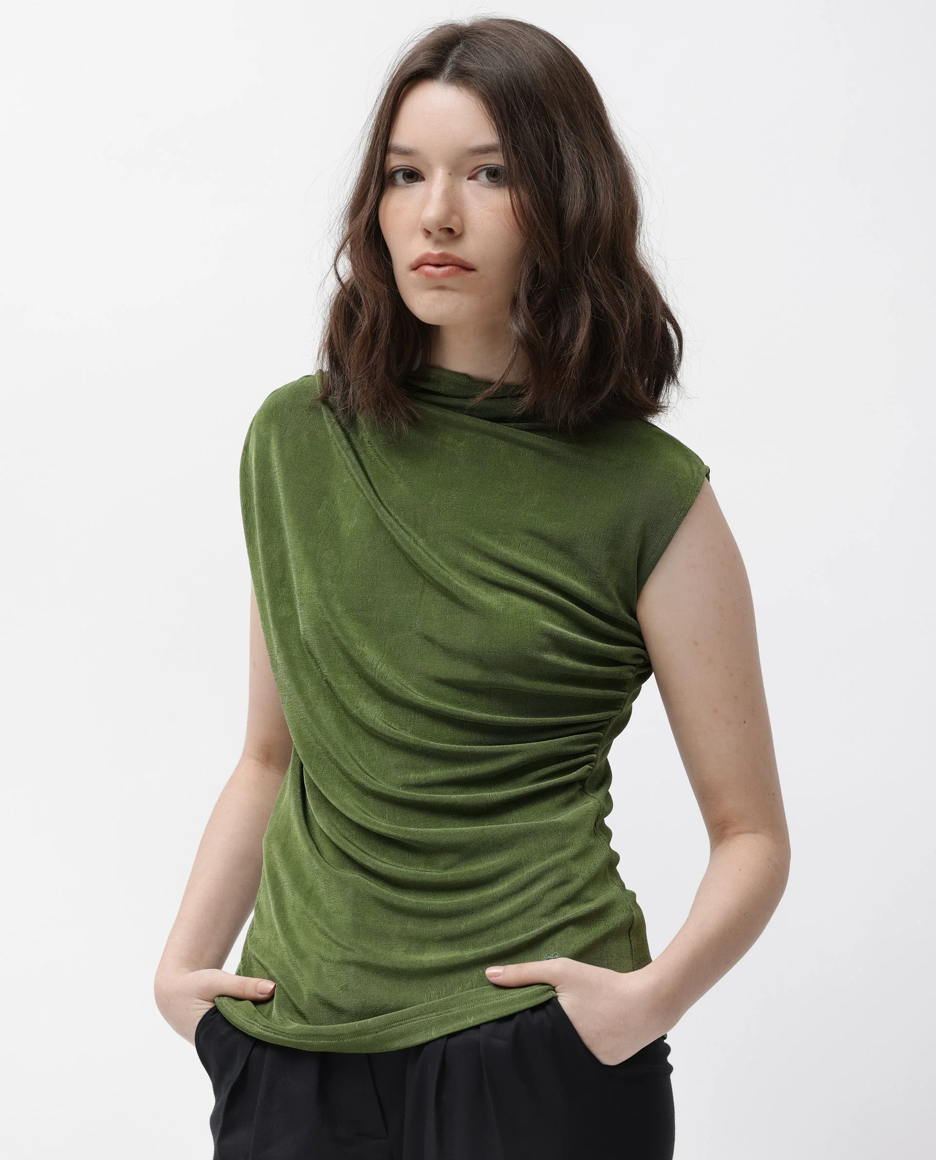 Rareism Women's Optus Green Polyester Blend Cowl Neck Plain Sleeveless Regular Fit Top - Image 6