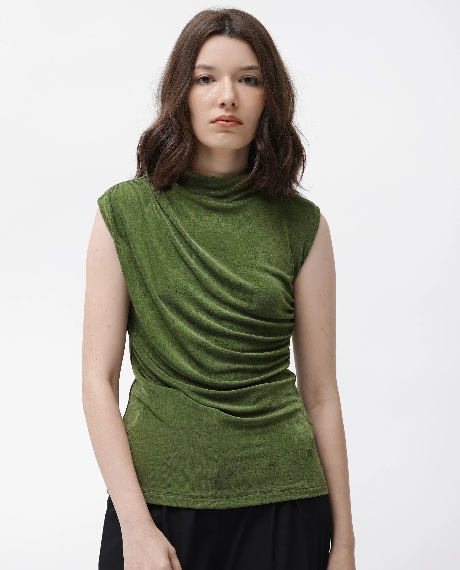 Rareism Women's Optus Green Polyester Blend Cowl Neck Plain Sleeveless Regular Fit Top - Image 7