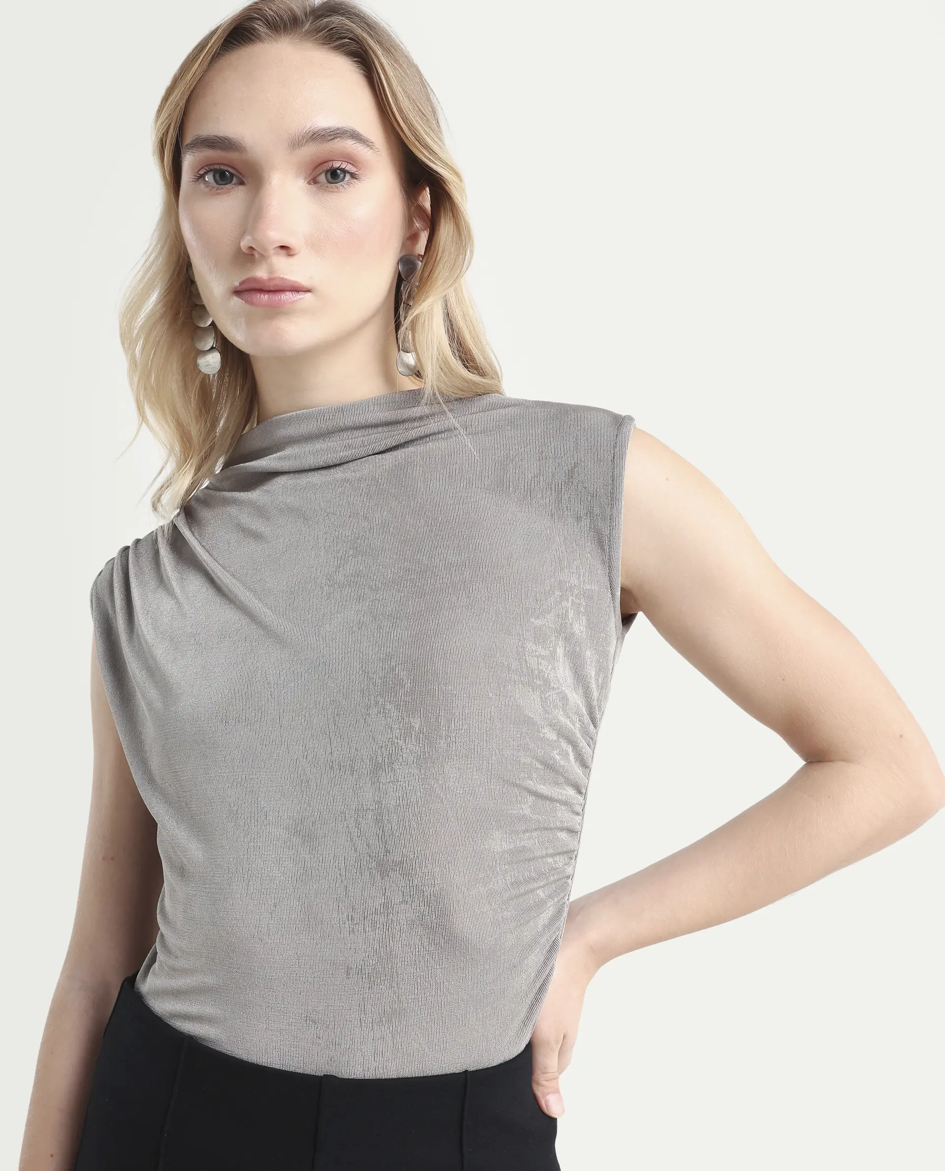 Rareism Women's Optus Light Grey Polyester Blend Cowl Neck Plain Sleeveless Regular Fit Top
