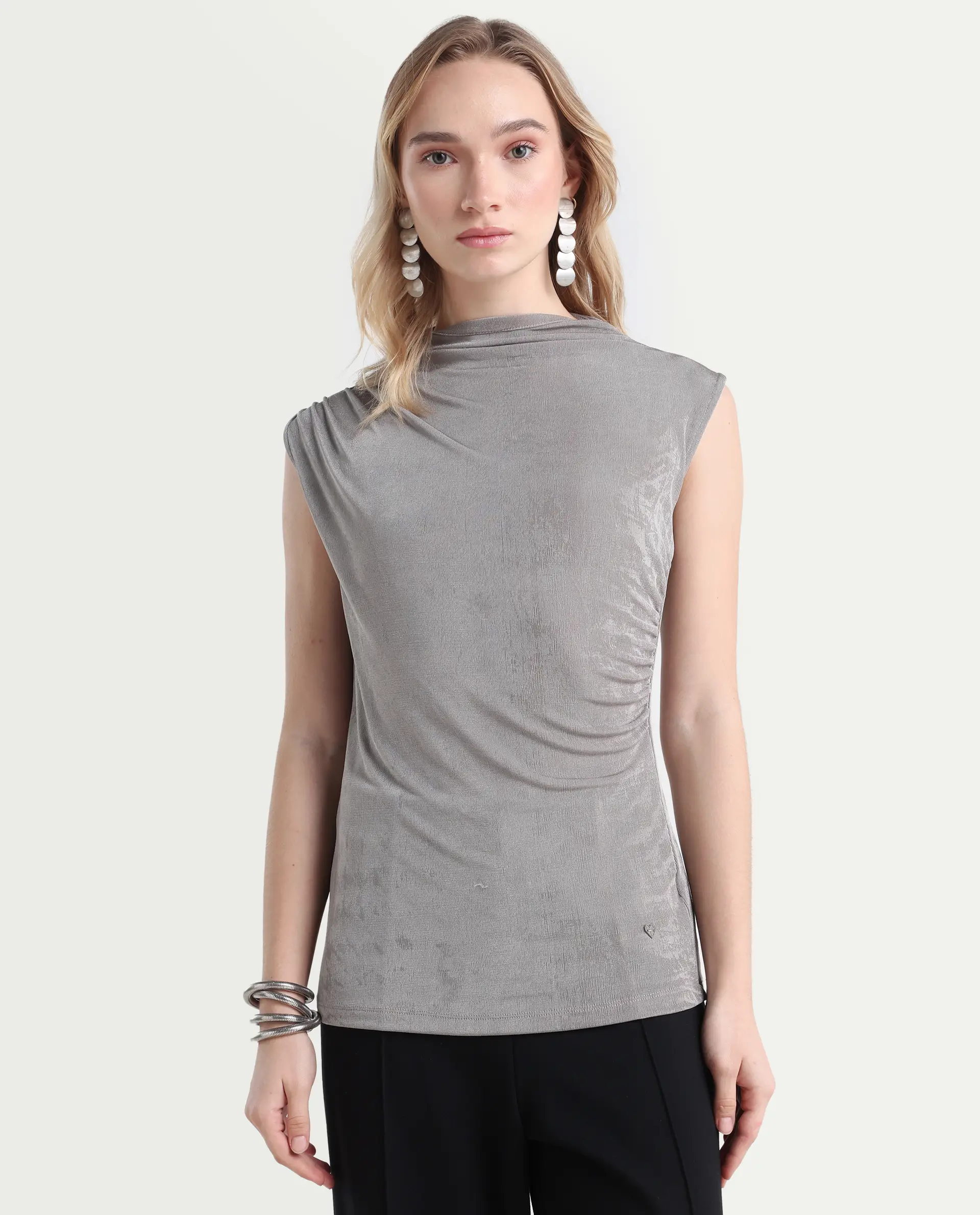Rareism Women's Optus Light Grey Polyester Blend Cowl Neck Plain Sleeveless Regular Fit Top - Image 3