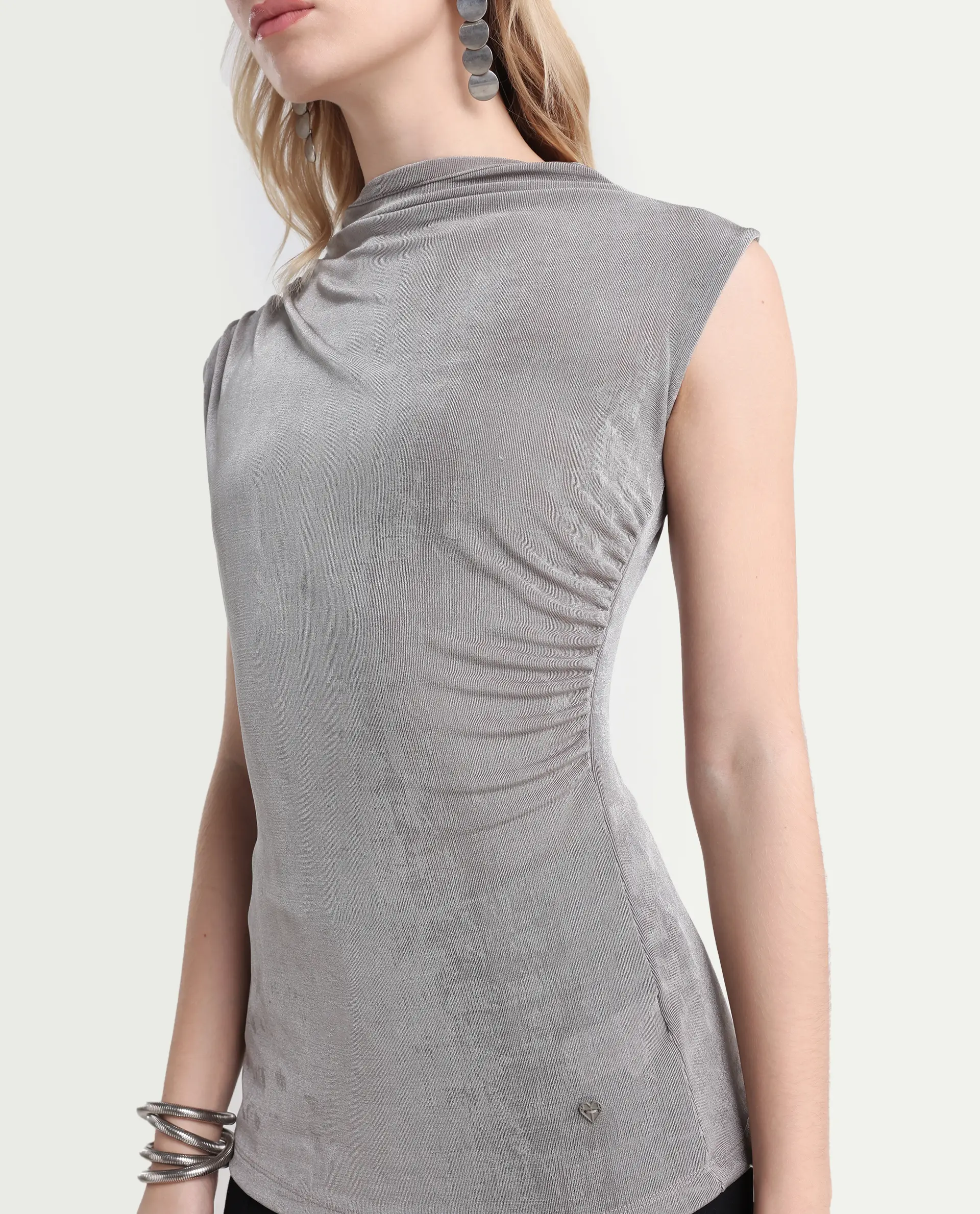 Rareism Women's Optus Light Grey Polyester Blend Cowl Neck Plain Sleeveless Regular Fit Top - Image 4