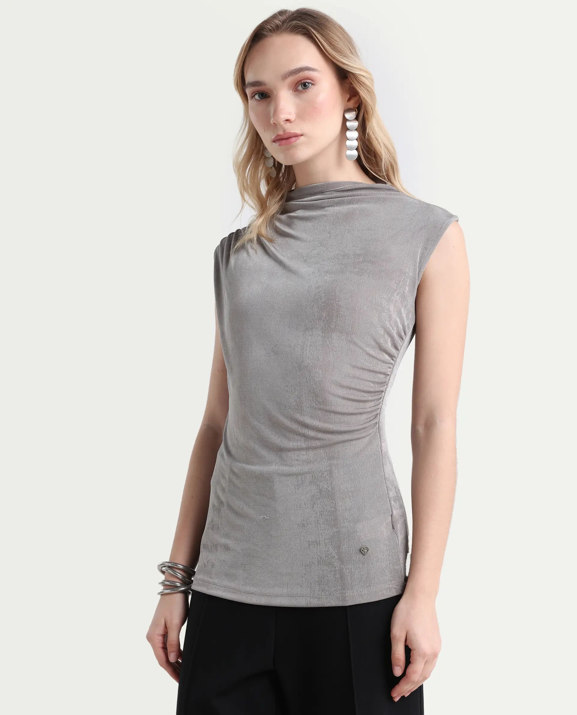 Rareism Women's Optus Light Grey Polyester Blend Cowl Neck Plain Sleeveless Regular Fit Top - Image 5