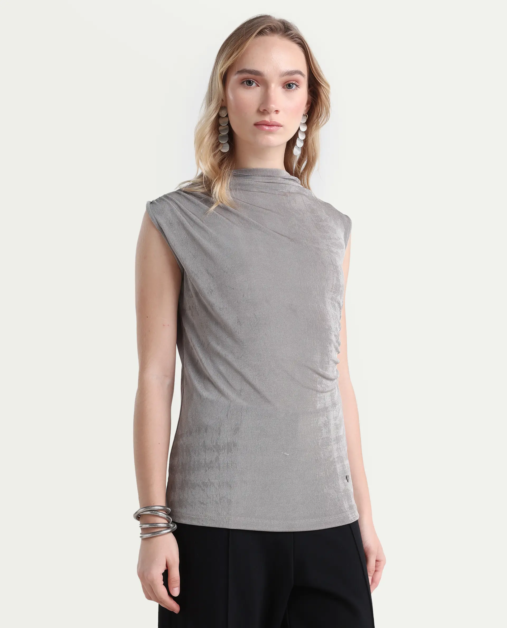 Rareism Women's Optus Light Grey Polyester Blend Cowl Neck Plain Sleeveless Regular Fit Top - Image 6