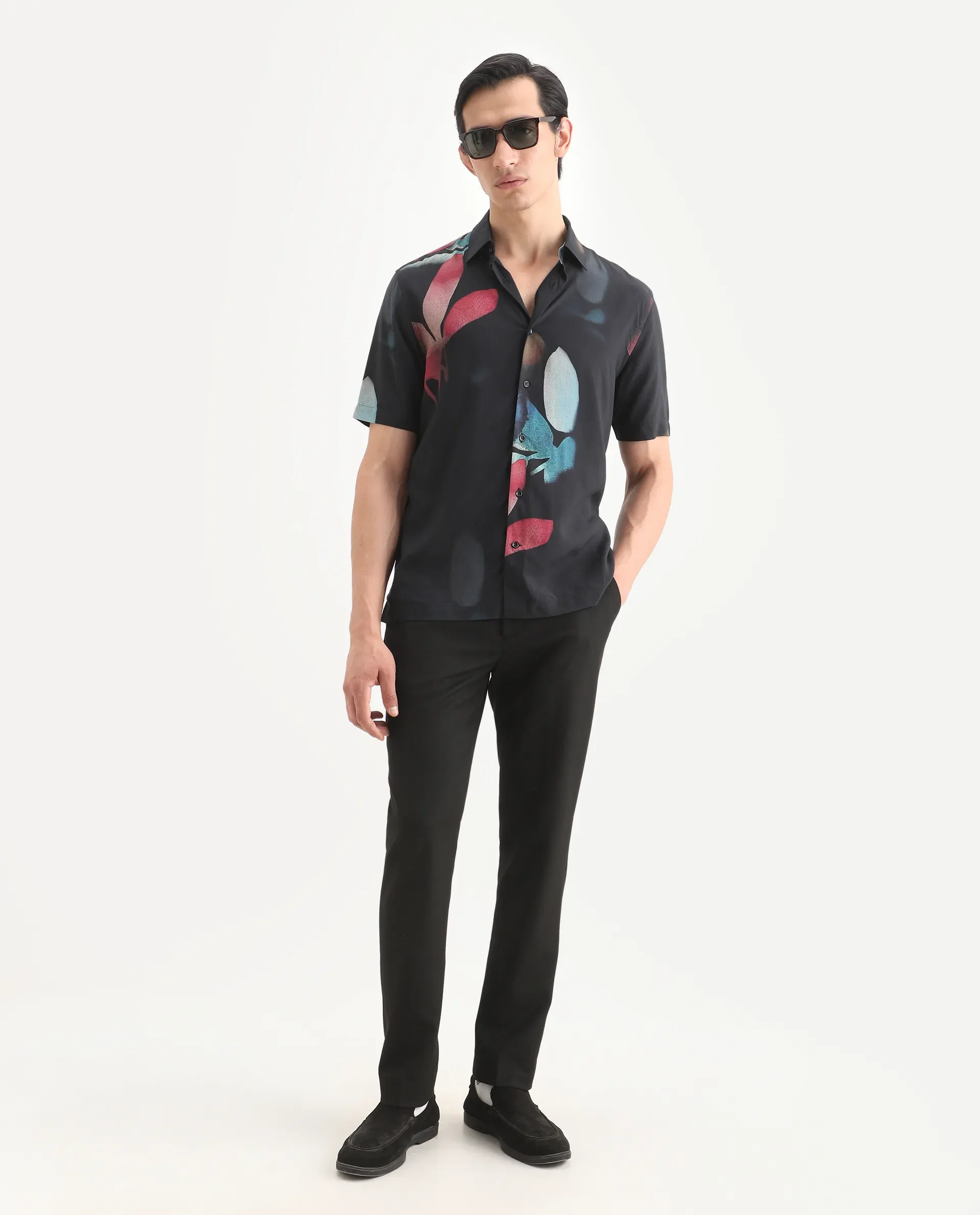 Rare Rabbit Men's Oqen Black Viscose Fabric Half Sleeve Spread Collar Regular Fit Floral Print Shirt - Image 2