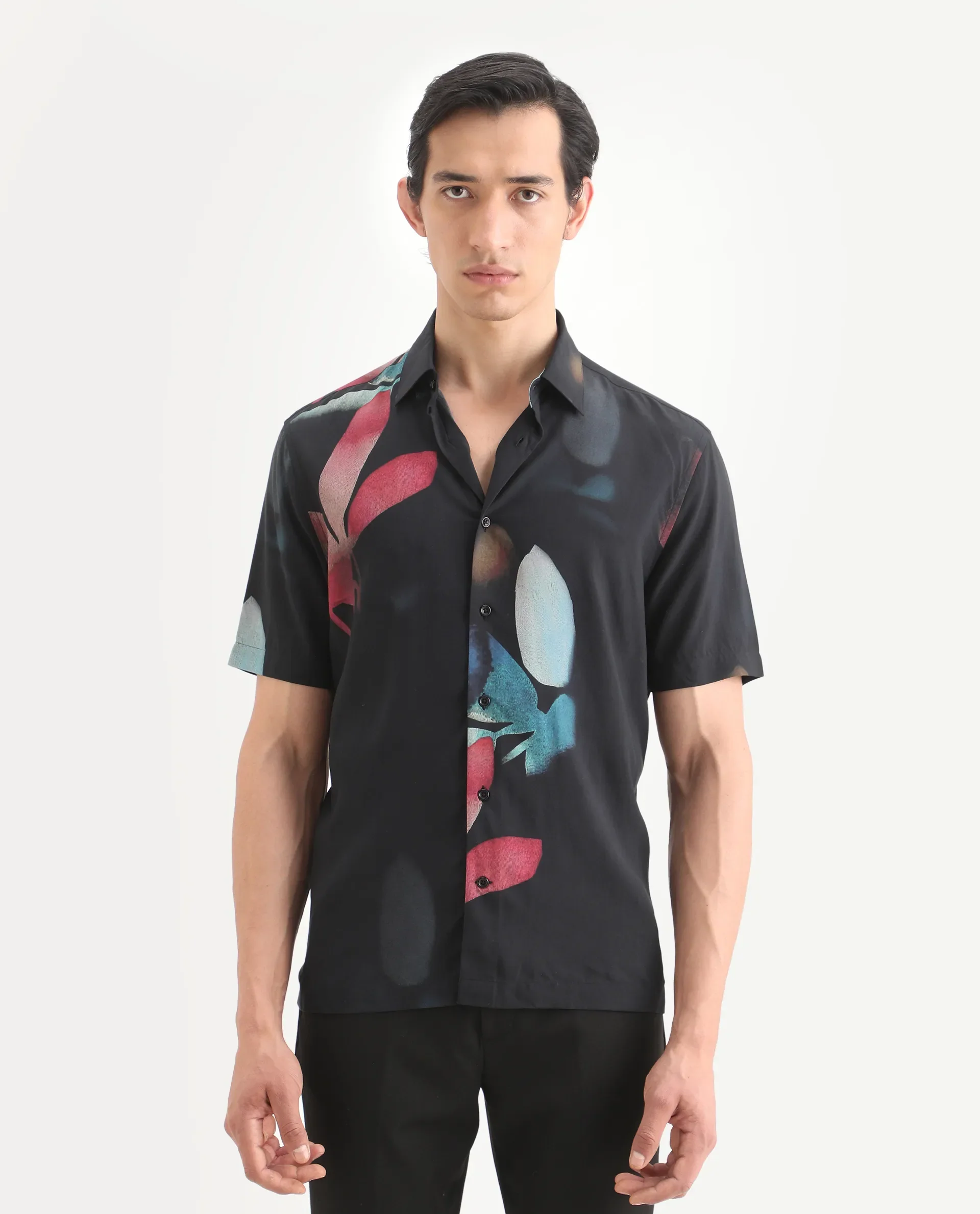 Rare Rabbit Men's Oqen Black Viscose Fabric Half Sleeve Spread Collar Regular Fit Floral Print Shirt - Image 3