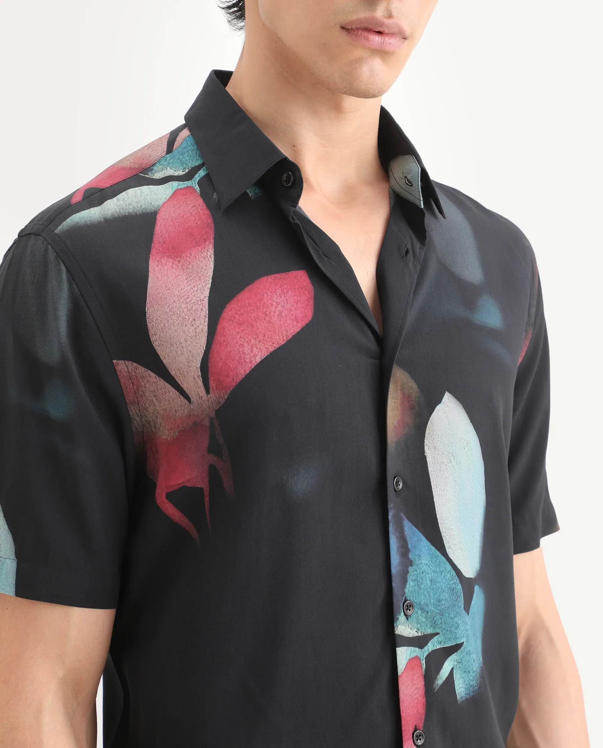 Rare Rabbit Men's Oqen Black Viscose Fabric Half Sleeve Spread Collar Regular Fit Floral Print Shirt - Image 4