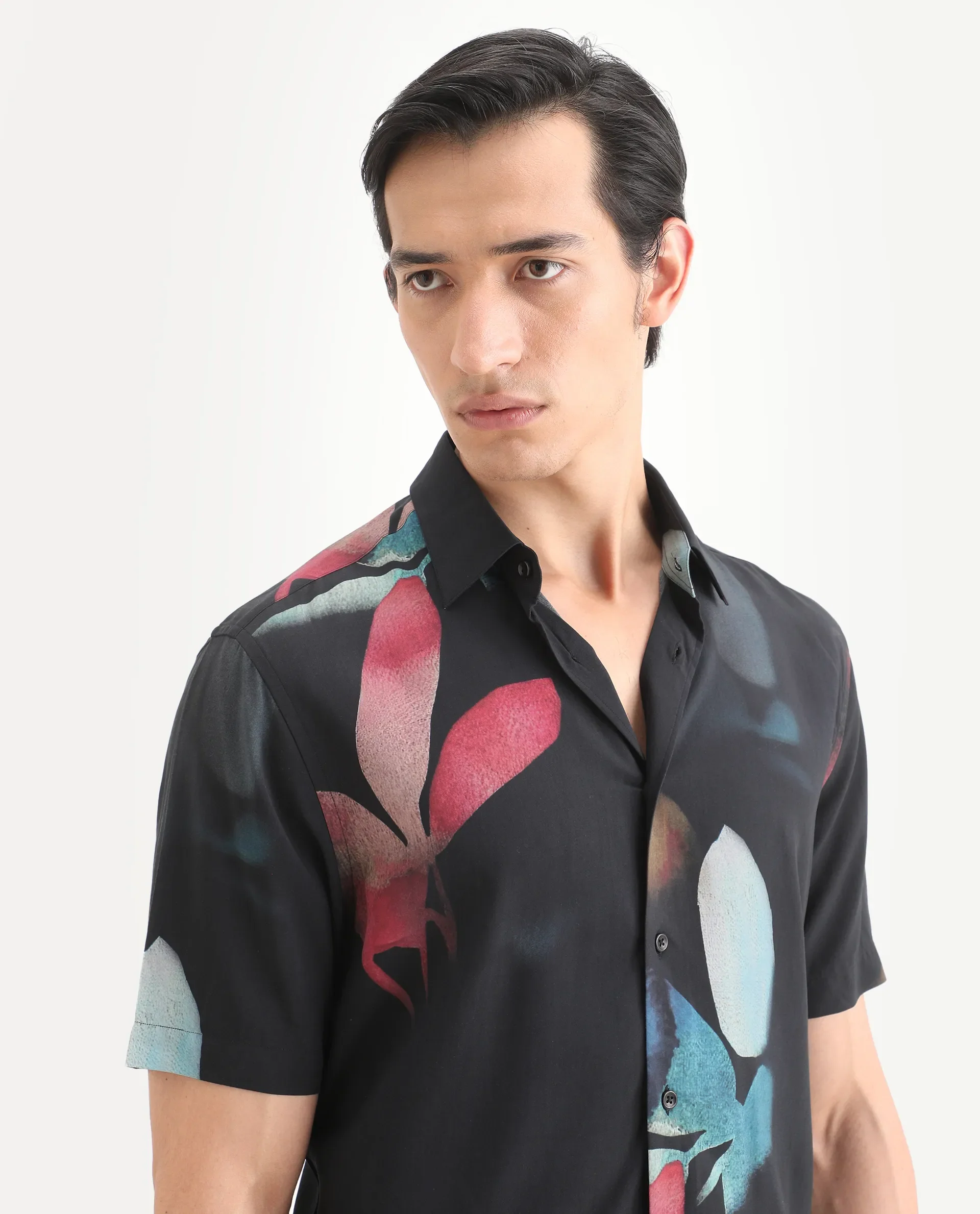 Rare Rabbit Men's Oqen Black Viscose Fabric Half Sleeve Spread Collar Regular Fit Floral Print Shirt - Image 5