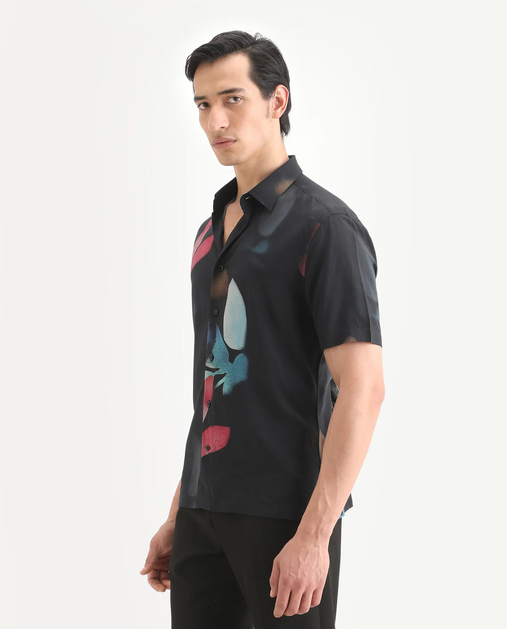 Rare Rabbit Men's Oqen Black Viscose Fabric Half Sleeve Spread Collar Regular Fit Floral Print Shirt - Image 6