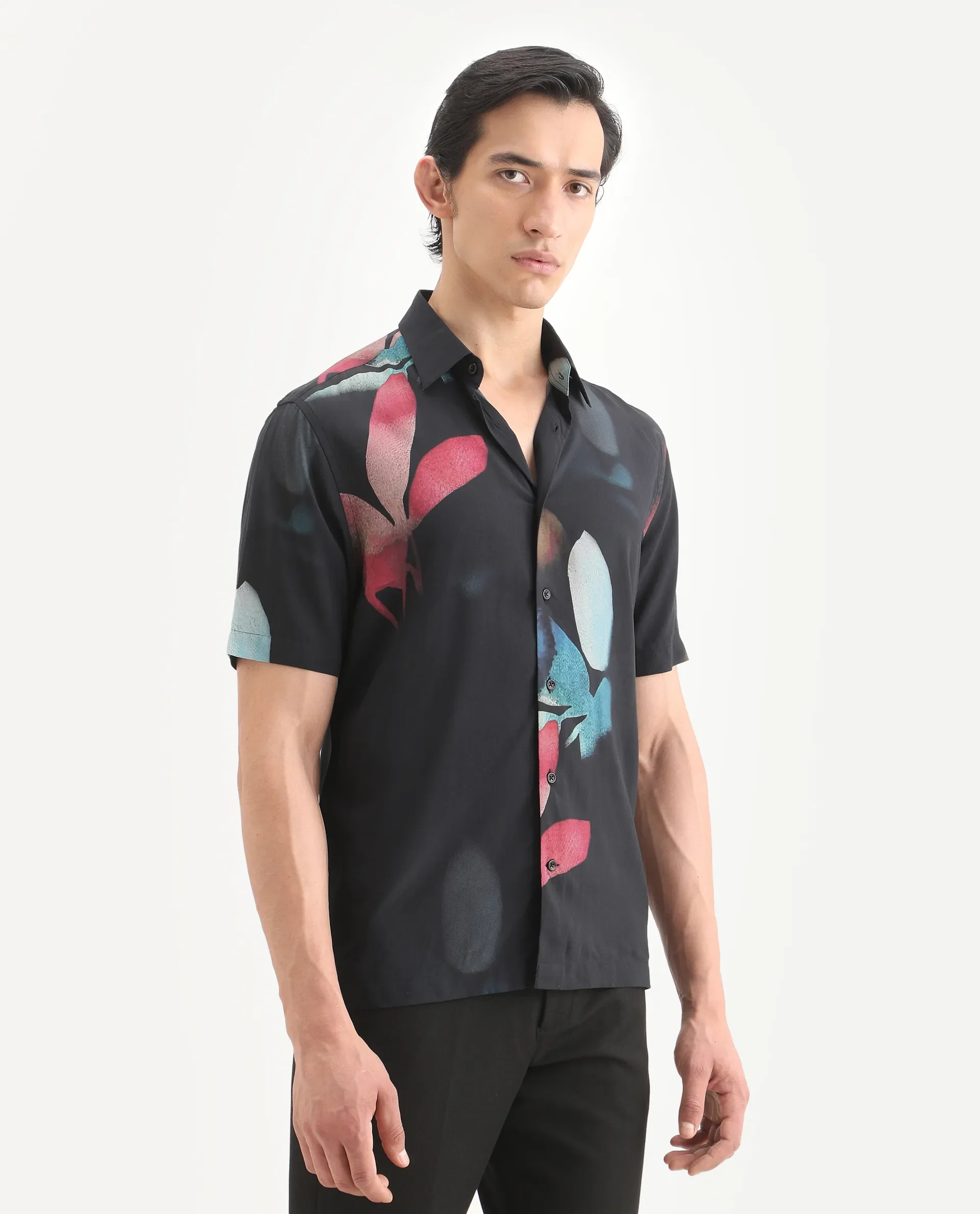 Rare Rabbit Men's Oqen Black Viscose Fabric Half Sleeve Spread Collar Regular Fit Floral Print Shirt - Image 7
