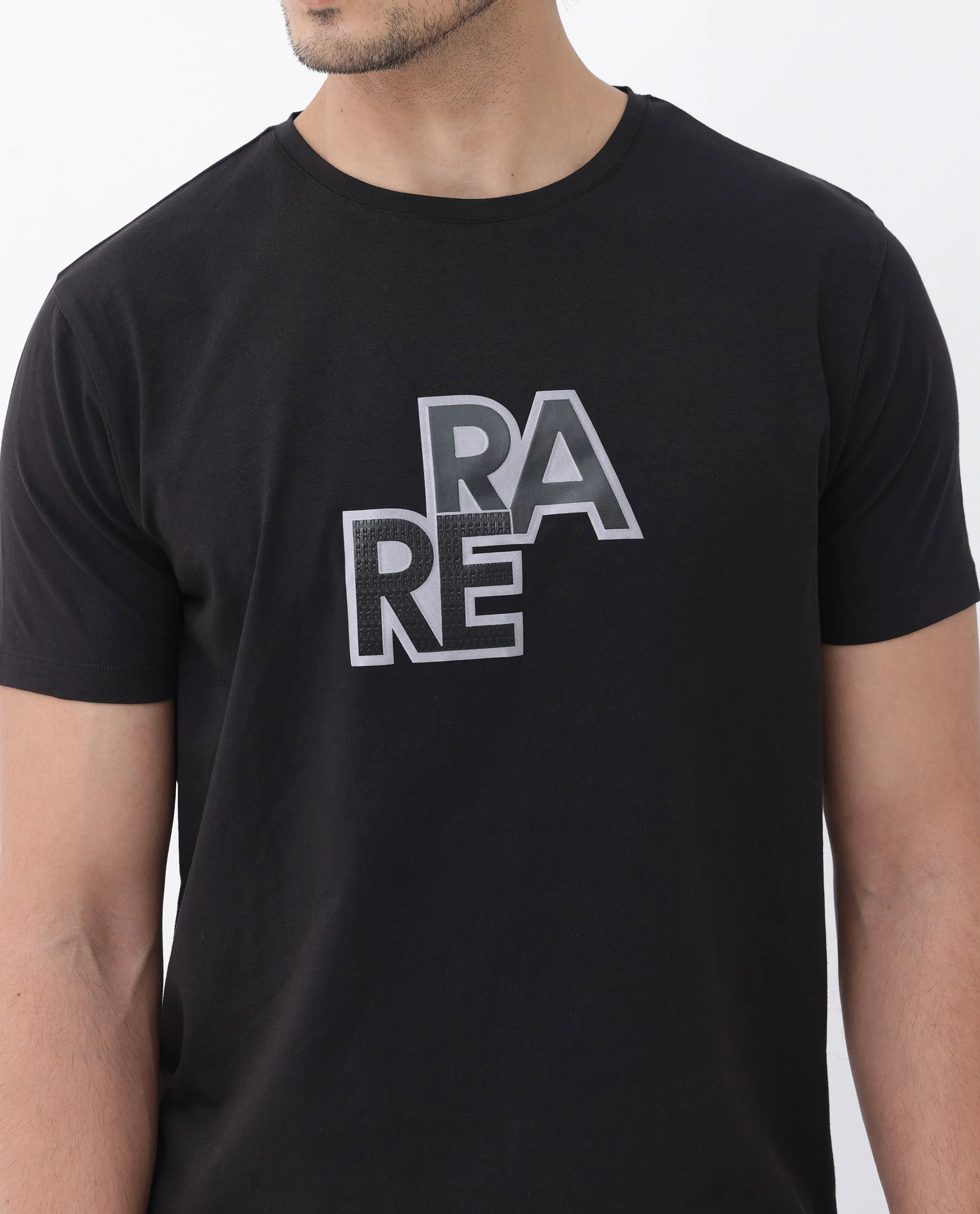 Rare Rabbit Men's Oran Black Cotton Blend Graphic Print Regular Fit Half Sleeve Crew Neck T-Shirt - Image 2