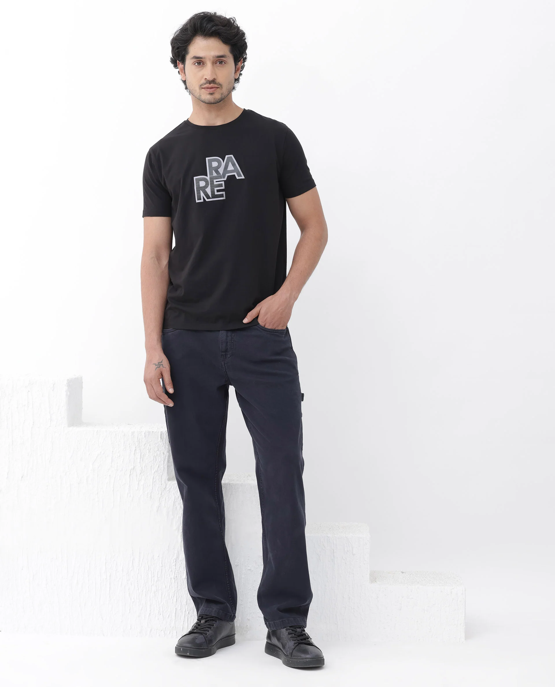 Rare Rabbit Men's Oran Black Cotton Blend Graphic Print Regular Fit Half Sleeve Crew Neck T-Shirt - Image 3
