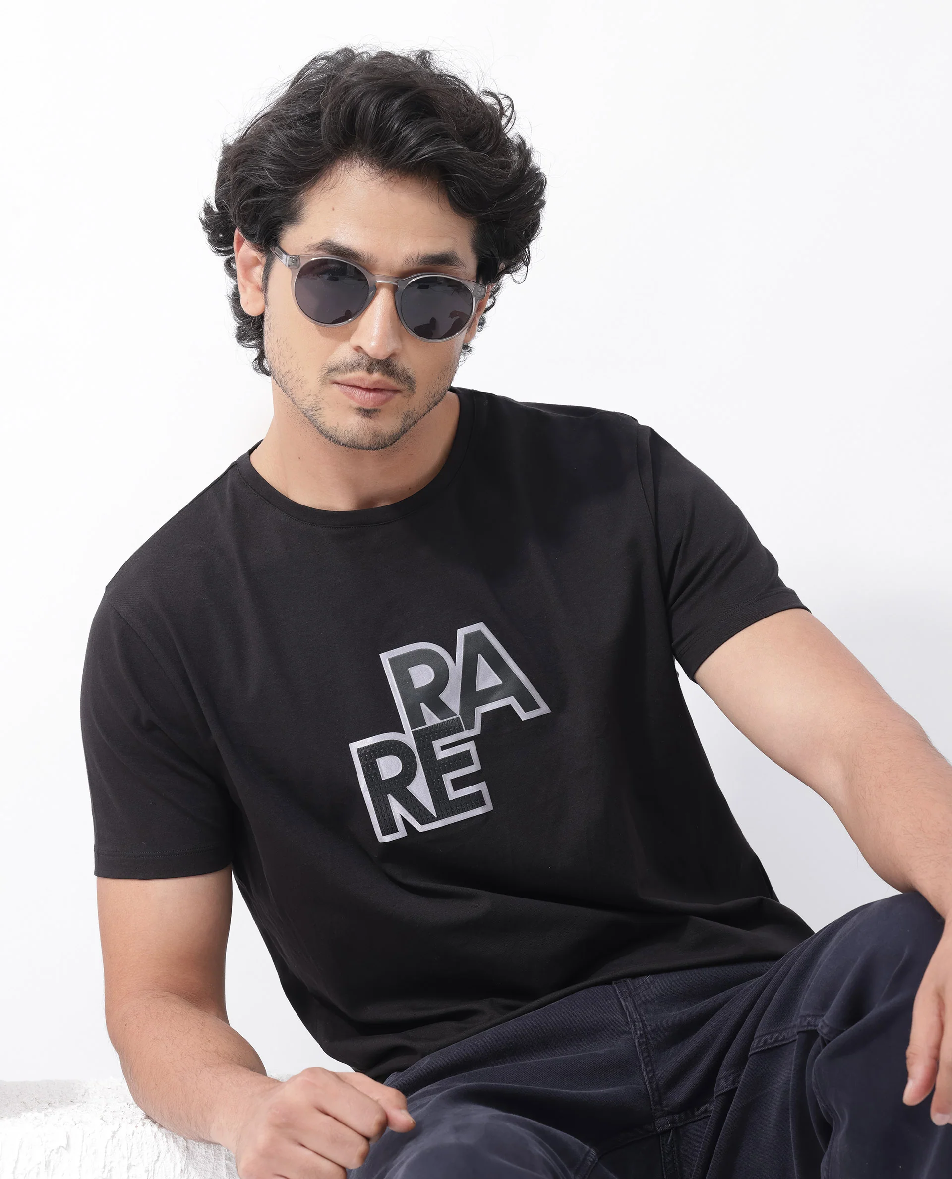 Rare Rabbit Men's Oran Black Cotton Blend Graphic Print Regular Fit Half Sleeve Crew Neck T-Shirt - Image 4