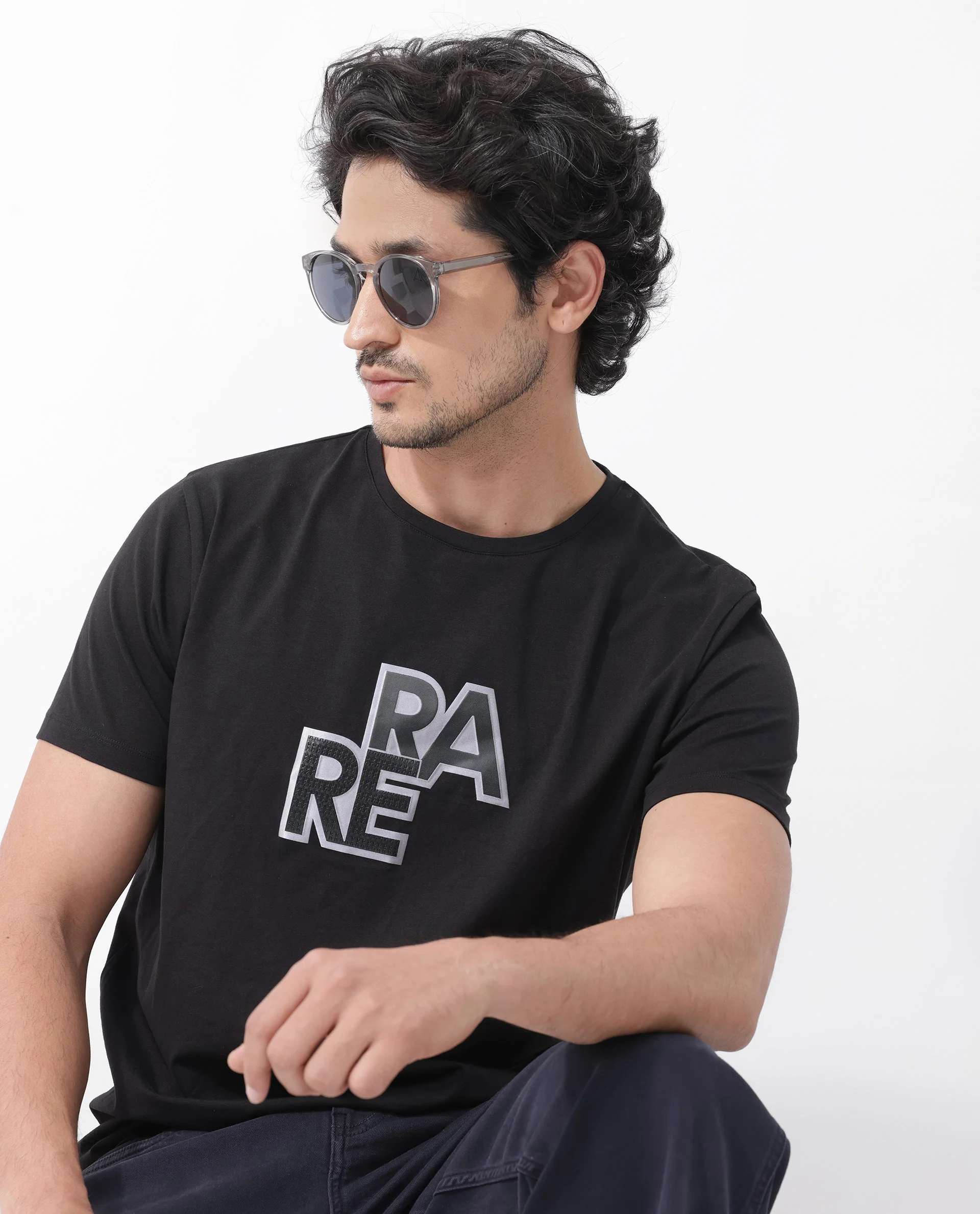 Rare Rabbit Men's Oran Black Cotton Blend Graphic Print Regular Fit Half Sleeve Crew Neck T-Shirt - Image 5