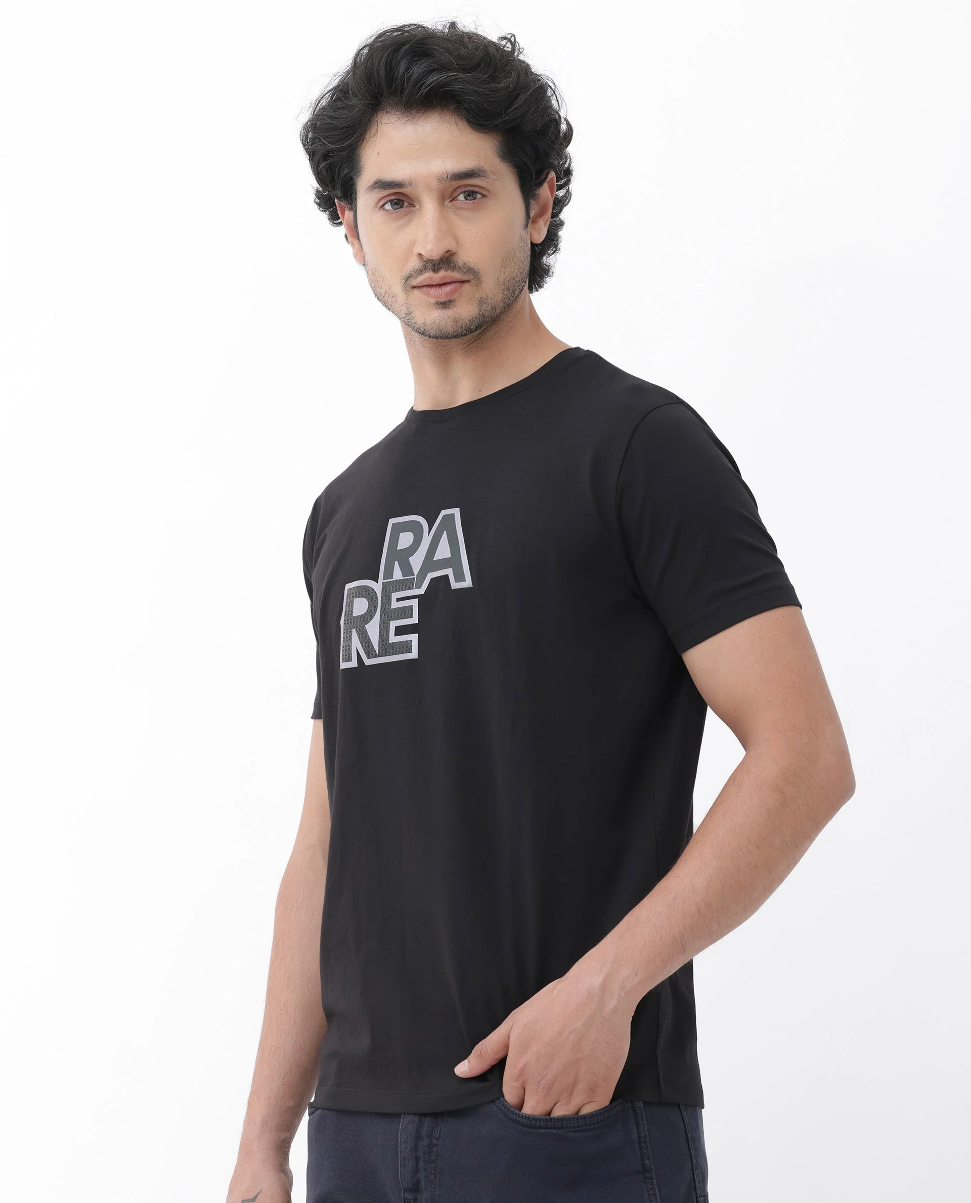 Rare Rabbit Men's Oran Black Cotton Blend Graphic Print Regular Fit Half Sleeve Crew Neck T-Shirt - Image 7
