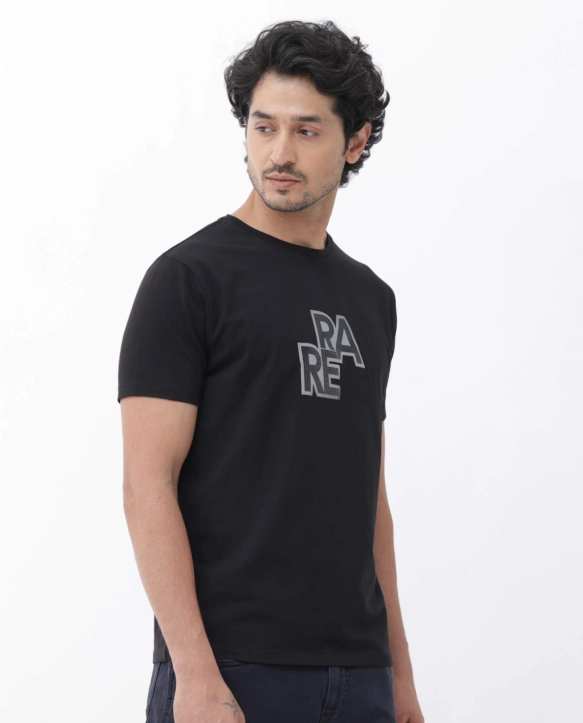 Rare Rabbit Men's Oran Black Cotton Blend Graphic Print Regular Fit Half Sleeve Crew Neck T-Shirt - Image 8