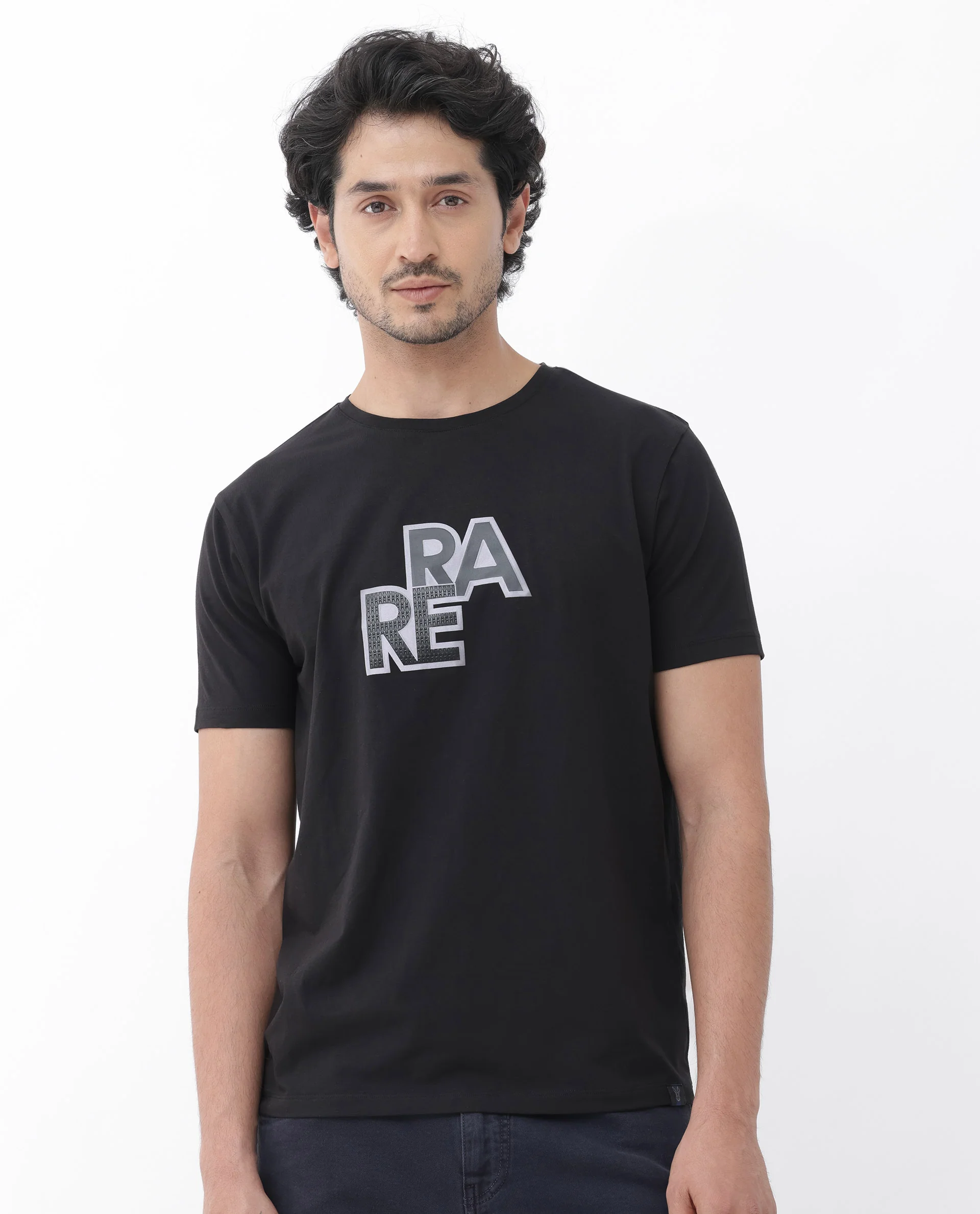 Rare Rabbit Men's Oran Black Cotton Blend Graphic Print Regular Fit Half Sleeve Crew Neck T-Shirt - Image 9