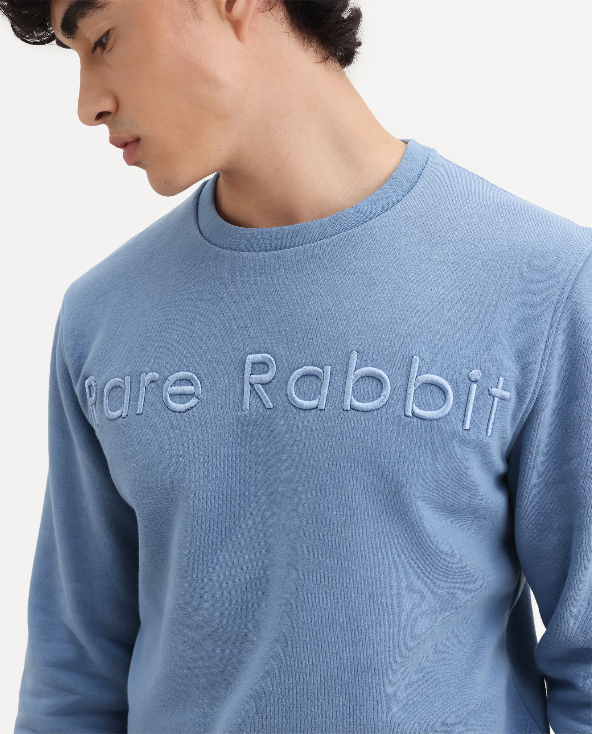 Rare Rabbit Men's Oranj Blue Cotton Embroidered Relaxed Fit Full Sleeve Crew Neck Sweatshirt - Image 3