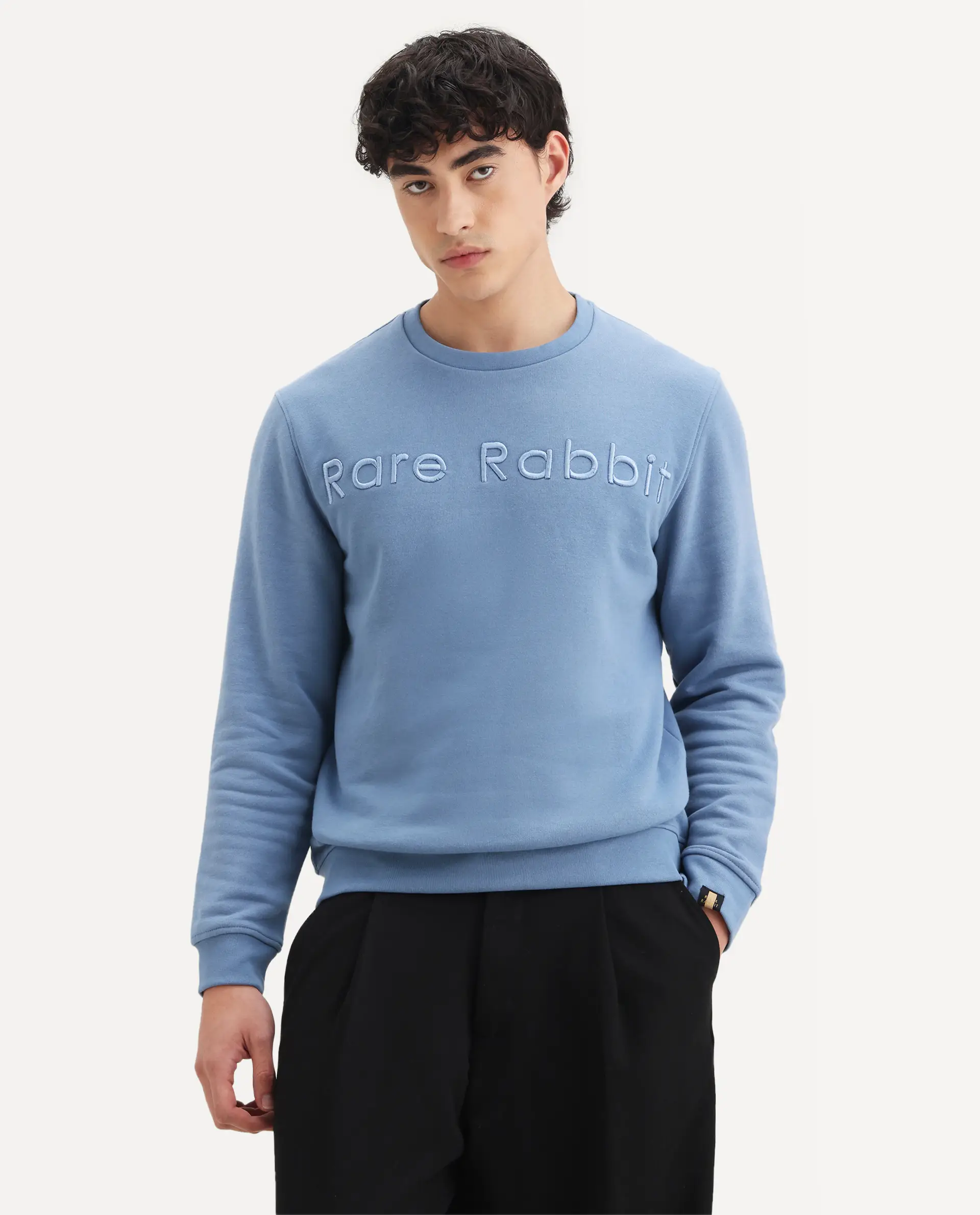 Rare Rabbit Men's Oranj Blue Cotton Embroidered Relaxed Fit Full Sleeve Crew Neck Sweatshirt - Image 4