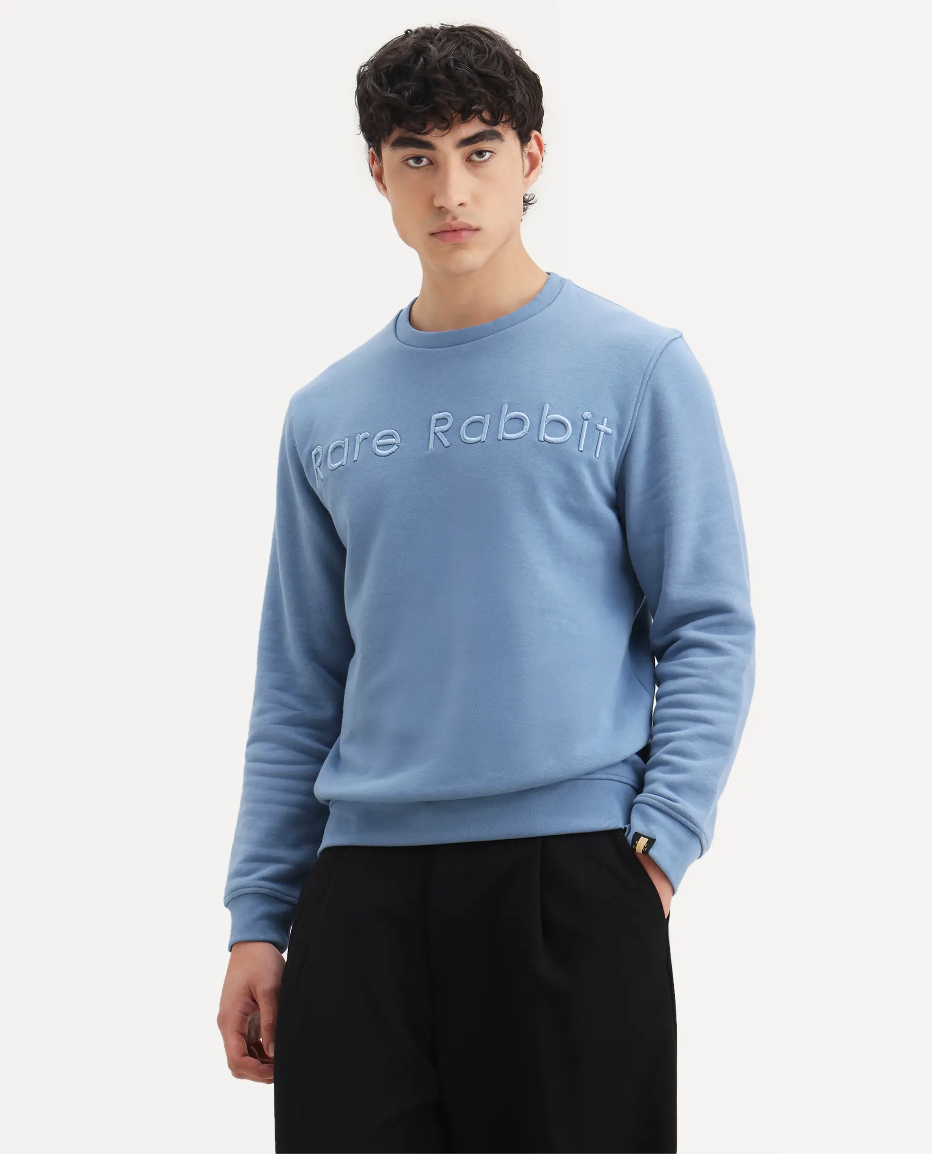 Rare Rabbit Men's Oranj Blue Cotton Embroidered Relaxed Fit Full Sleeve Crew Neck Sweatshirt - Image 5