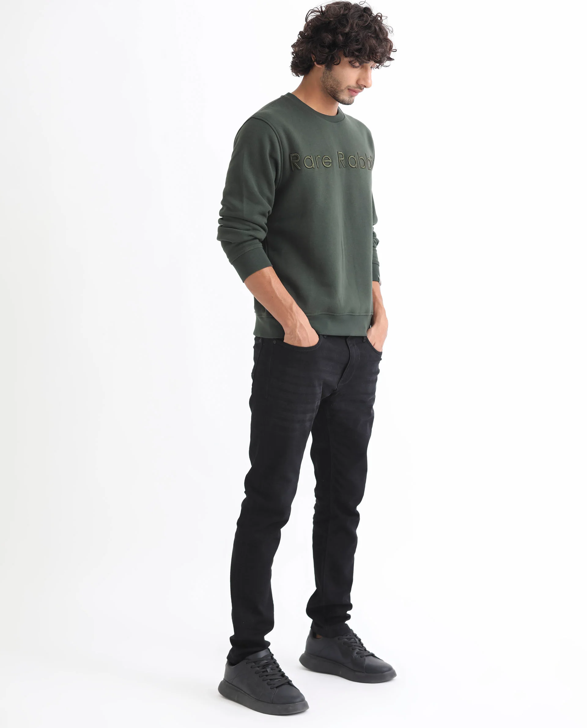 Rare Rabbit Men's Oranj Green Cotton Embroidered Relaxed Fit Full Sleeve Crew Neck Sweatshirt - Image 4