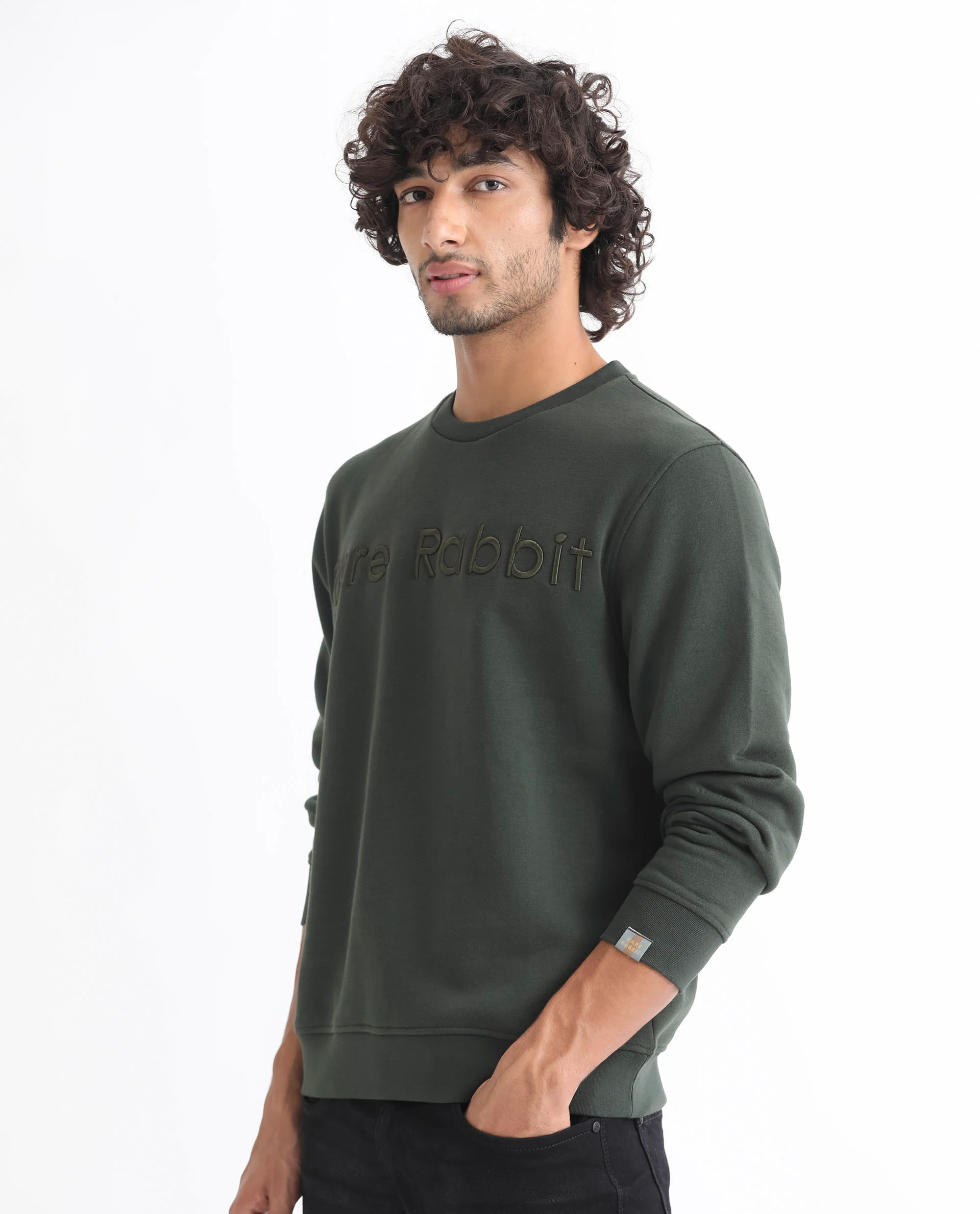 Rare Rabbit Men's Oranj Green Cotton Embroidered Relaxed Fit Full Sleeve Crew Neck Sweatshirt - Image 5