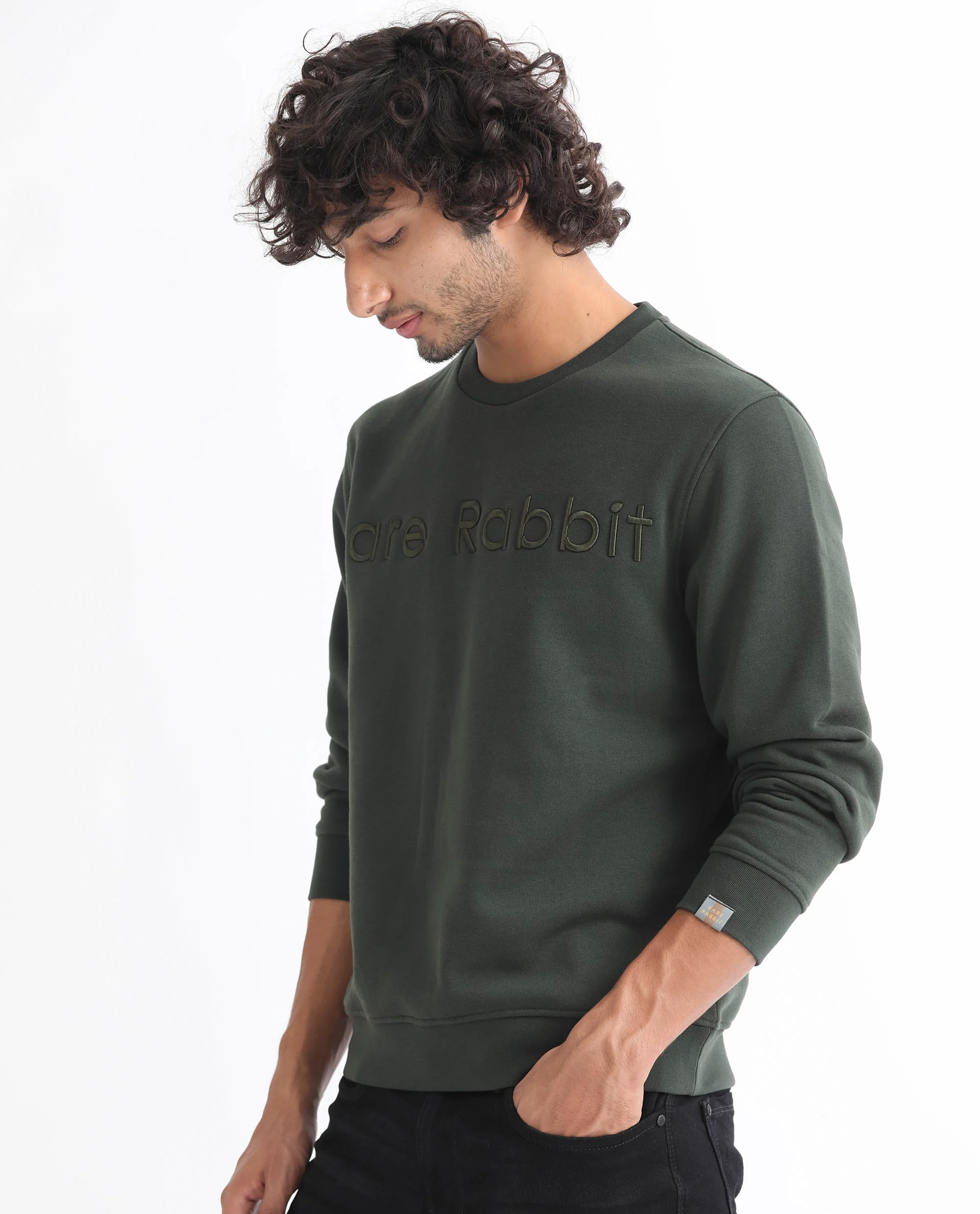 Rare Rabbit Men's Oranj Green Cotton Embroidered Relaxed Fit Full Sleeve Crew Neck Sweatshirt - Image 6