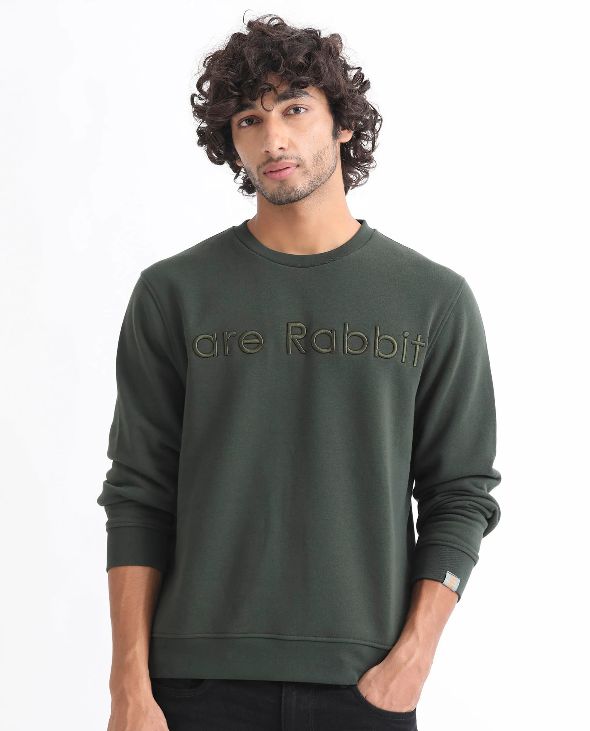 Rare Rabbit Men's Oranj Green Cotton Embroidered Relaxed Fit Full Sleeve Crew Neck Sweatshirt - Image 8