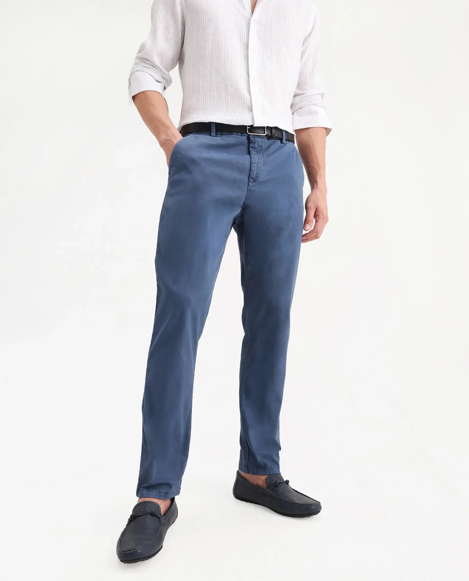 Rare Rabbit Men's Orany Blue Cotton Plain Regular Fit Trouser - Image 2