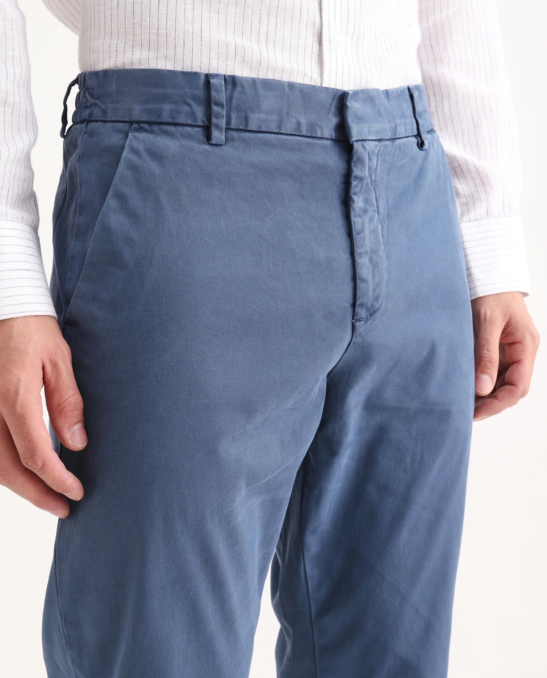 Rare Rabbit Men's Orany Blue Cotton Plain Regular Fit Trouser - Image 3