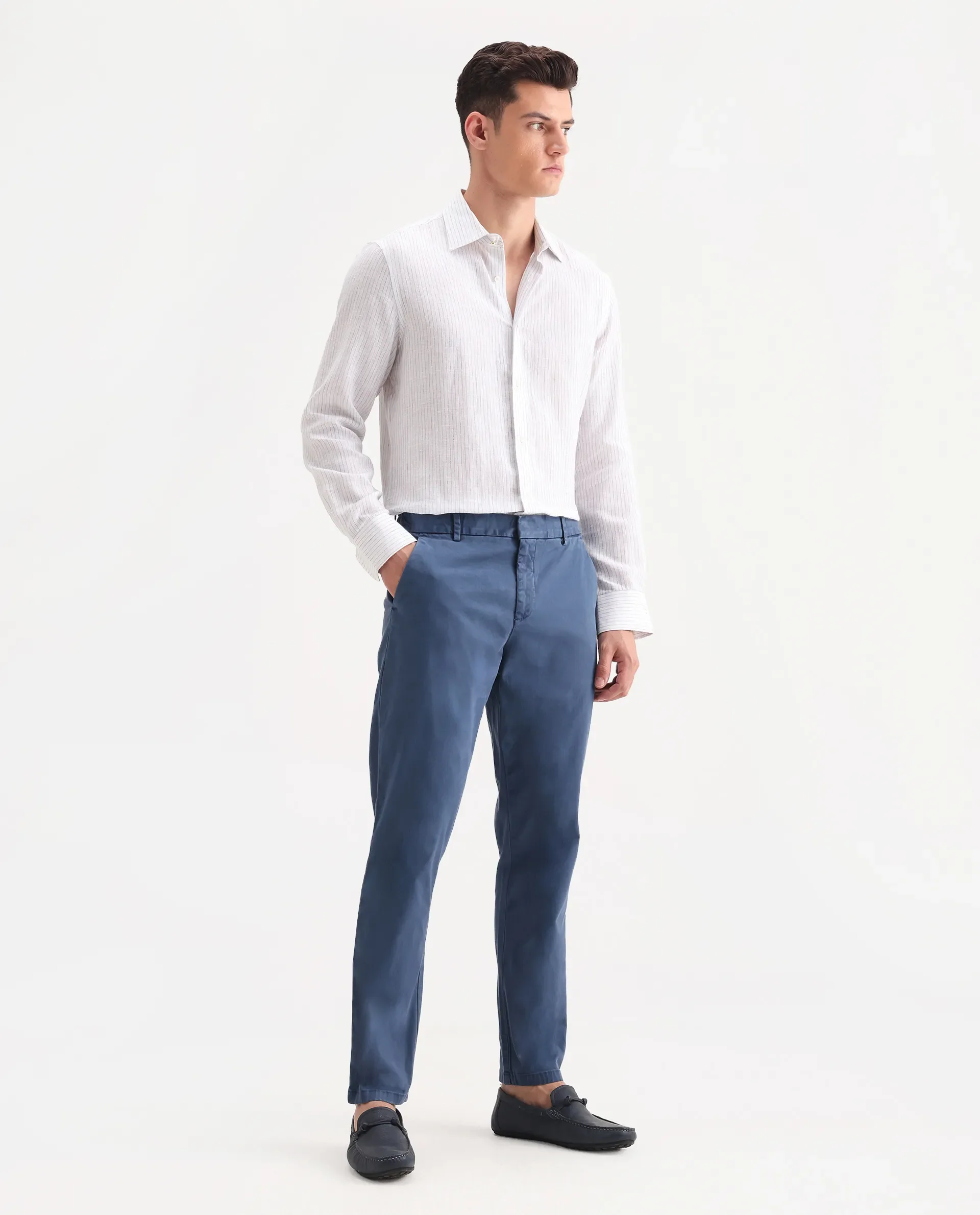 Rare Rabbit Men's Orany Blue Cotton Plain Regular Fit Trouser - Image 5