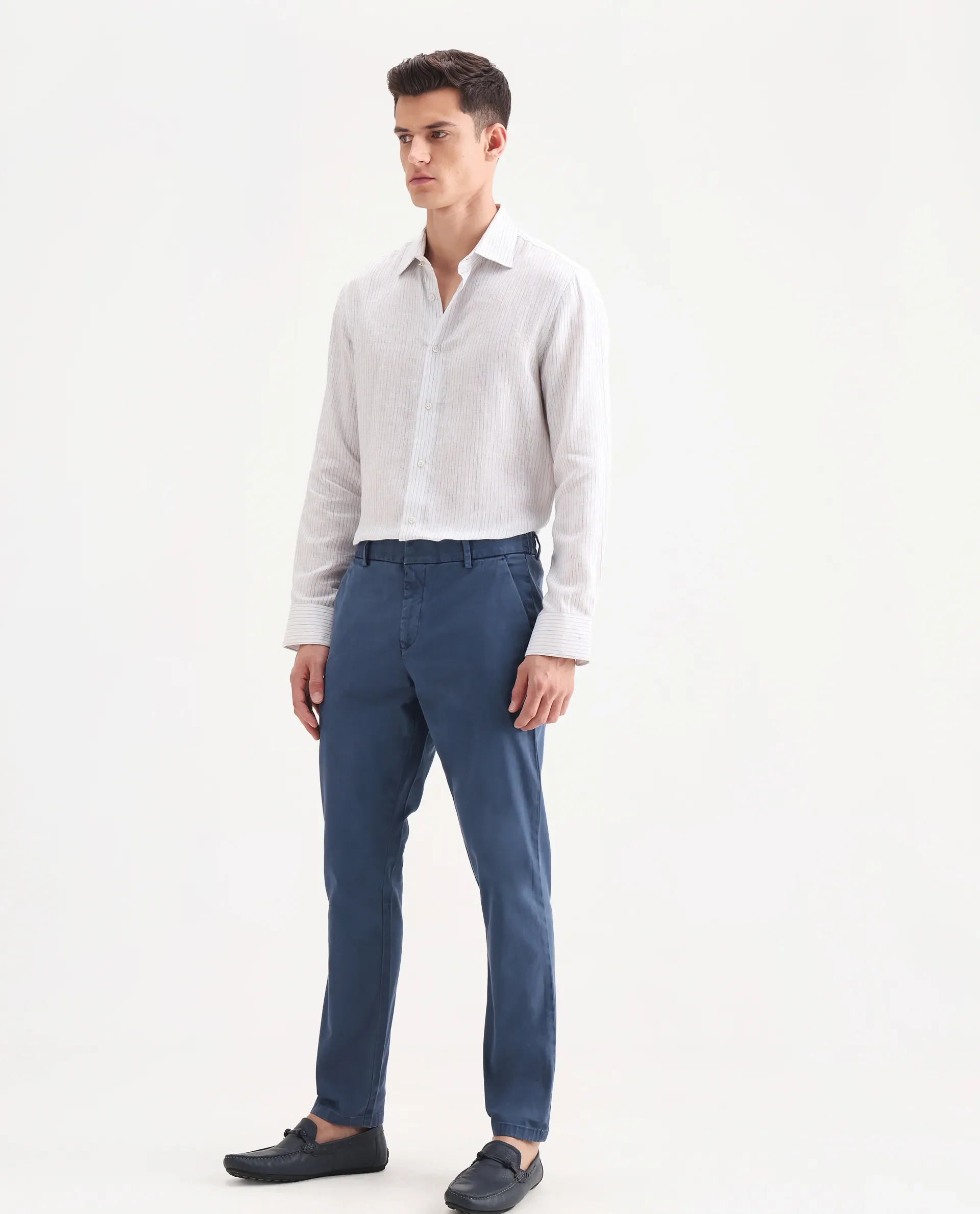 Rare Rabbit Men's Orany Blue Cotton Plain Regular Fit Trouser - Image 7