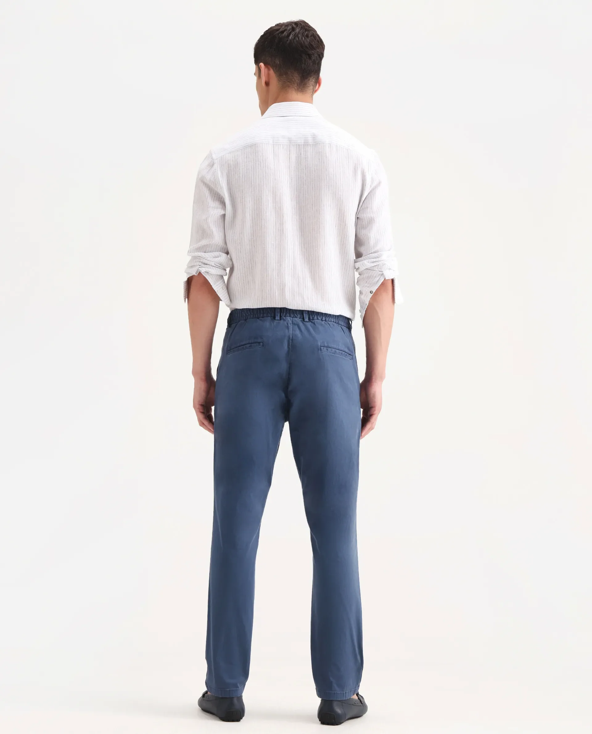 Rare Rabbit Men's Orany Blue Cotton Plain Regular Fit Trouser - Image 8