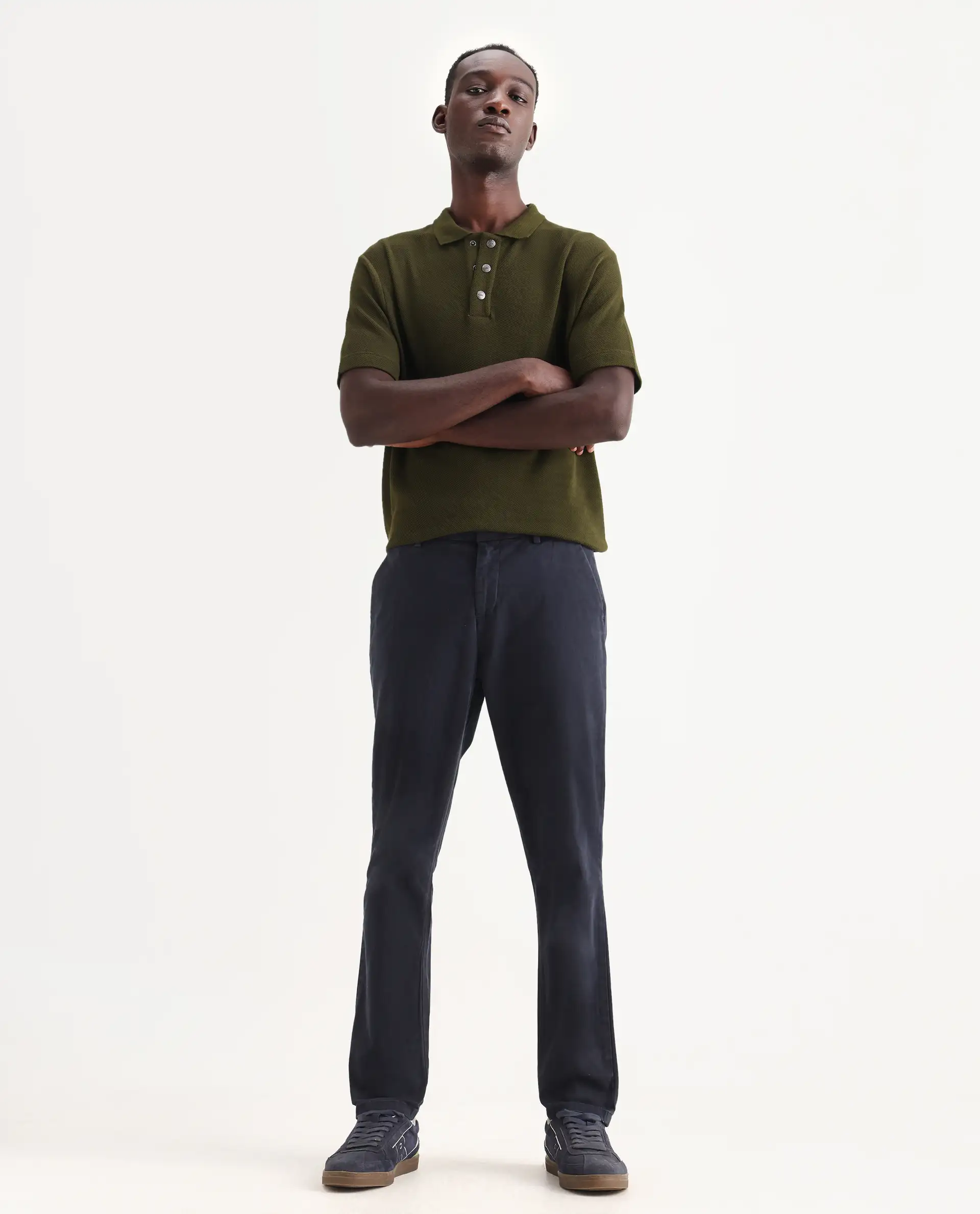 Rare Rabbit Men's Orany Navy Cotton Plain Regular Fit Trouser