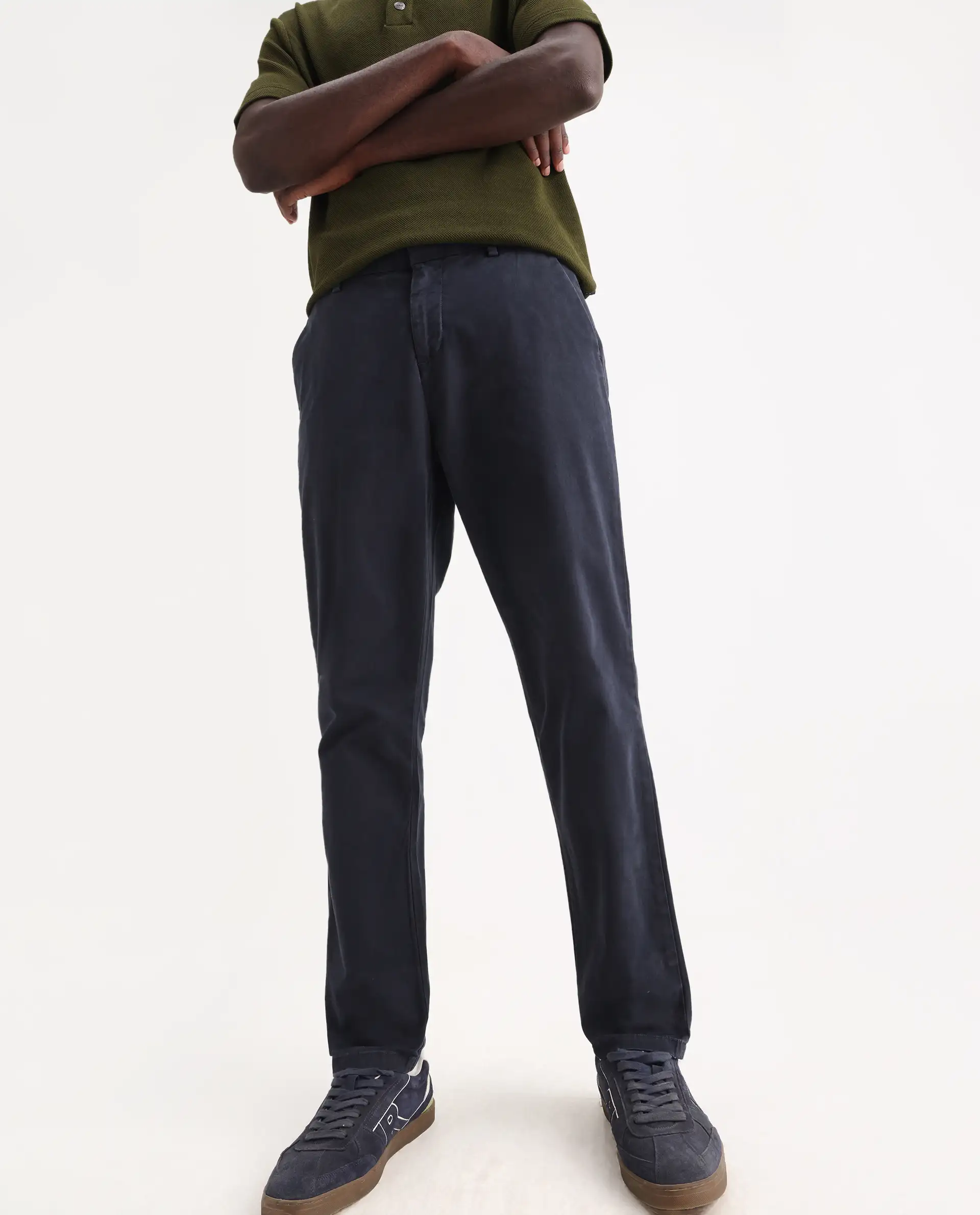 Rare Rabbit Men's Orany Navy Cotton Plain Regular Fit Trouser - Image 2