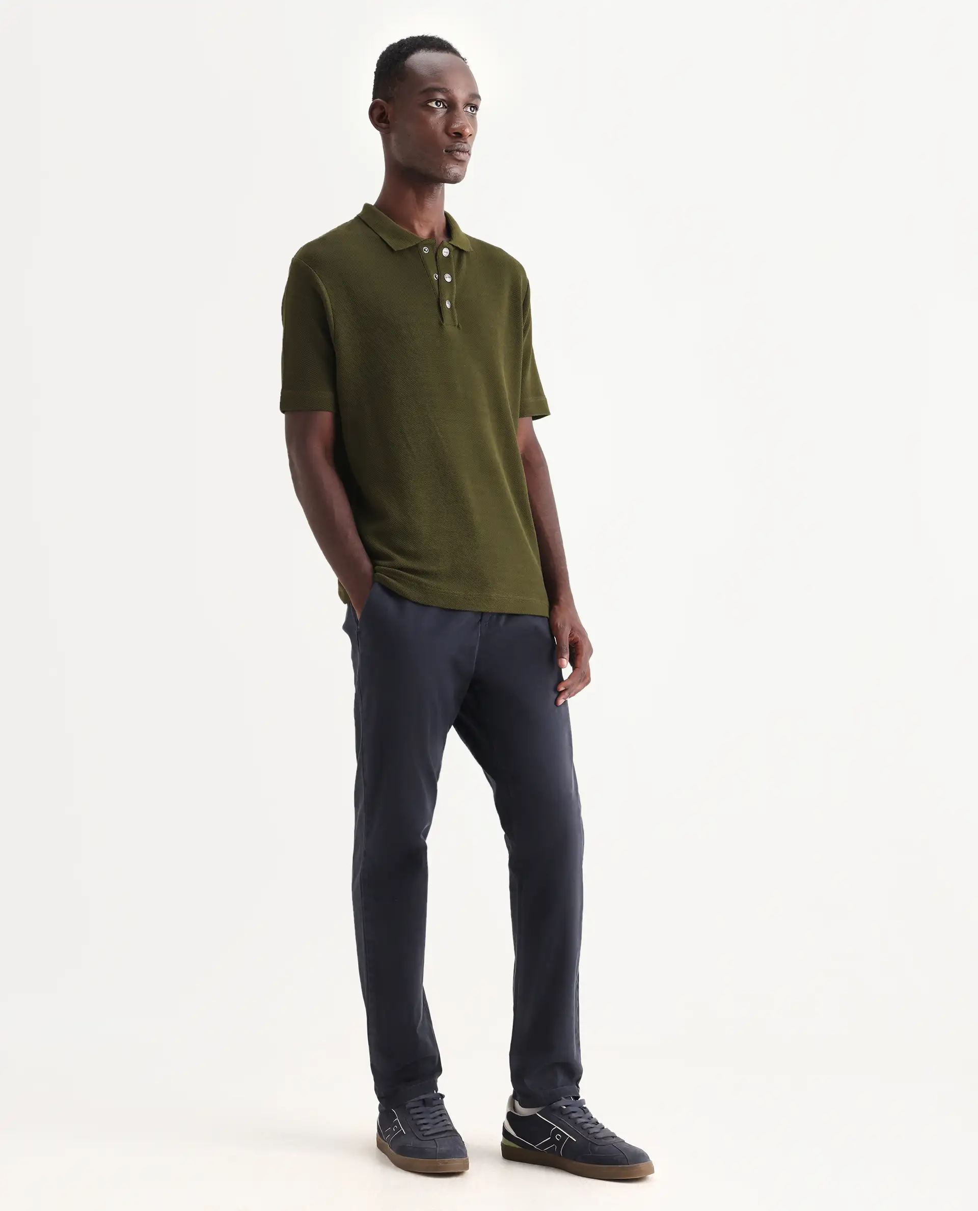 Rare Rabbit Men's Orany Navy Cotton Plain Regular Fit Trouser - Image 5