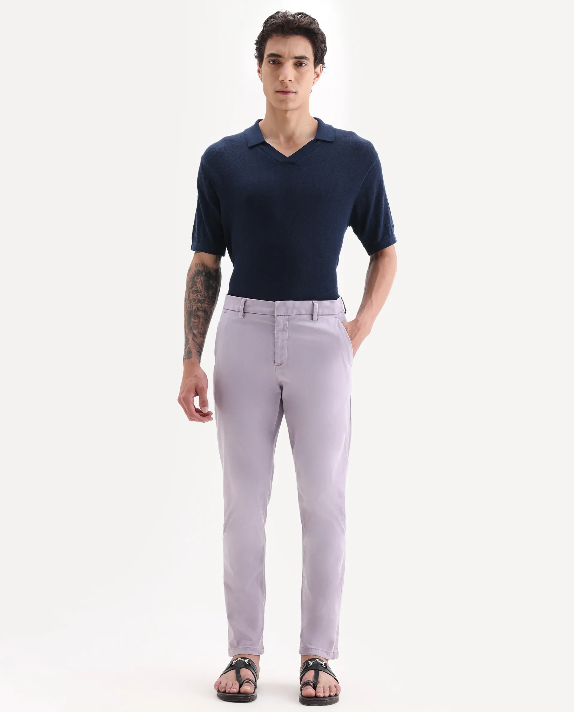 Rare Rabbit Men's Orany Pastel Purple Cotton Plain Regular Fit Trouser - Image 4