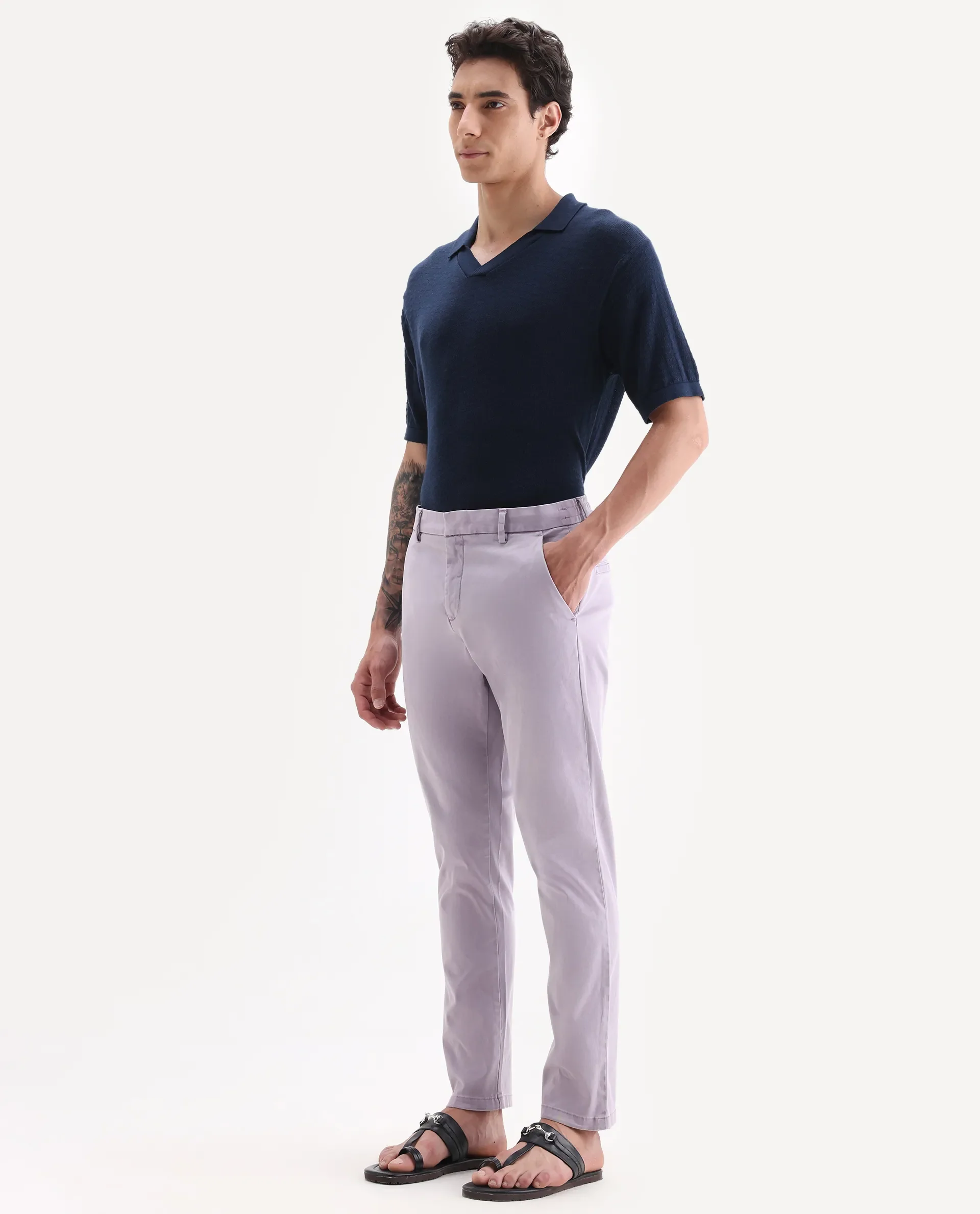 Rare Rabbit Men's Orany Pastel Purple Cotton Plain Regular Fit Trouser - Image 5