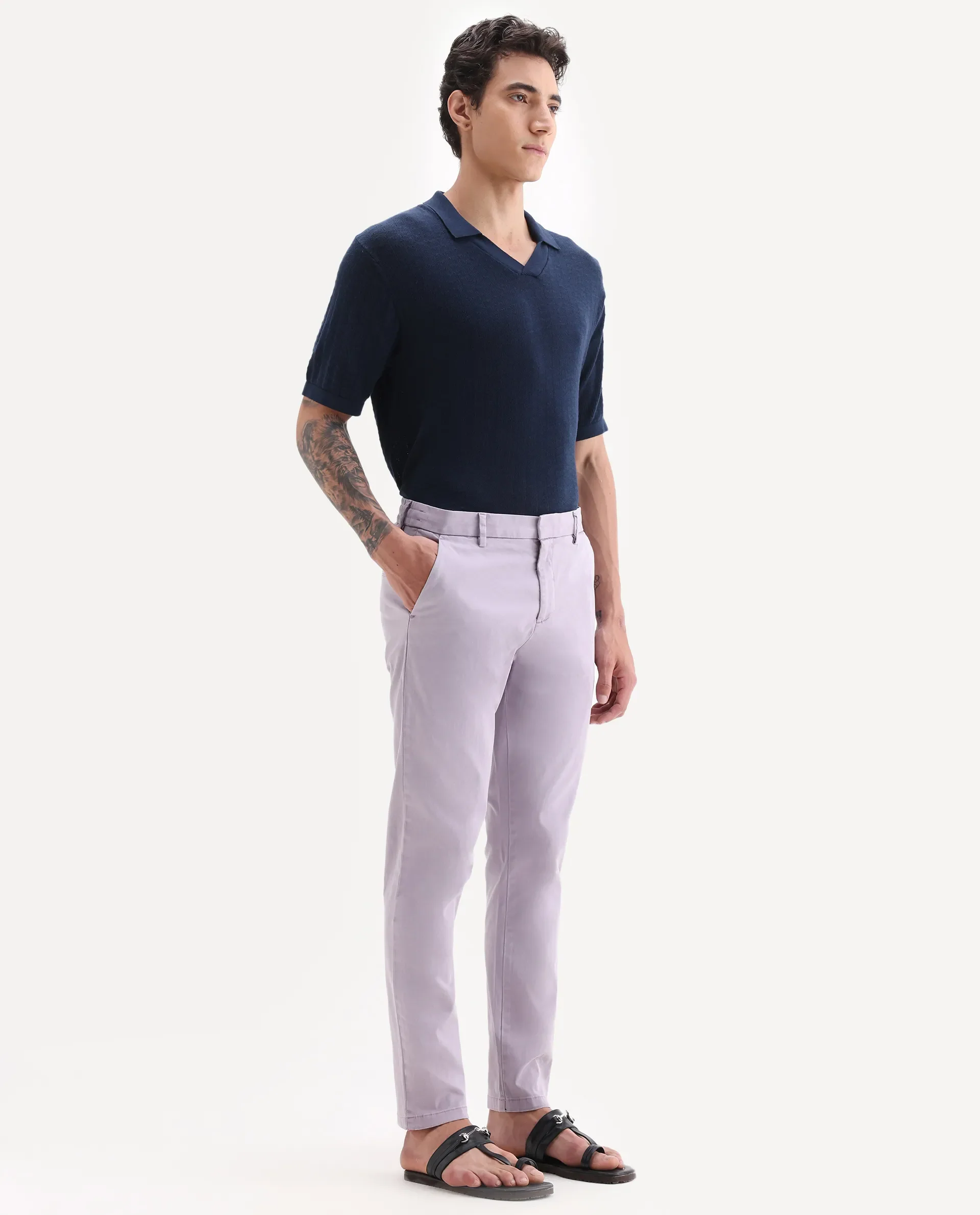 Rare Rabbit Men's Orany Pastel Purple Cotton Plain Regular Fit Trouser - Image 6