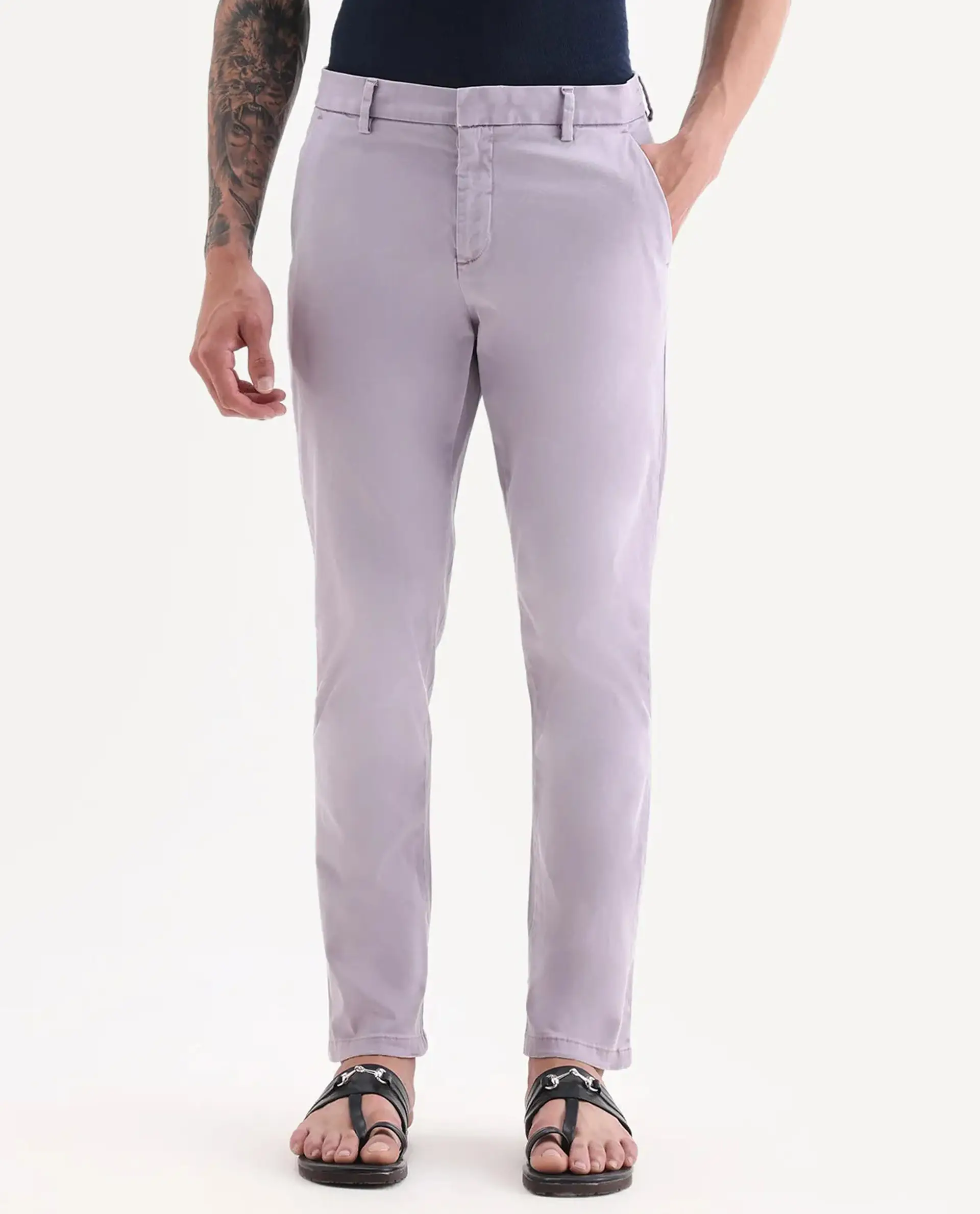 Rare Rabbit Men's Orany Pastel Purple Cotton Plain Regular Fit Trouser - Image 9