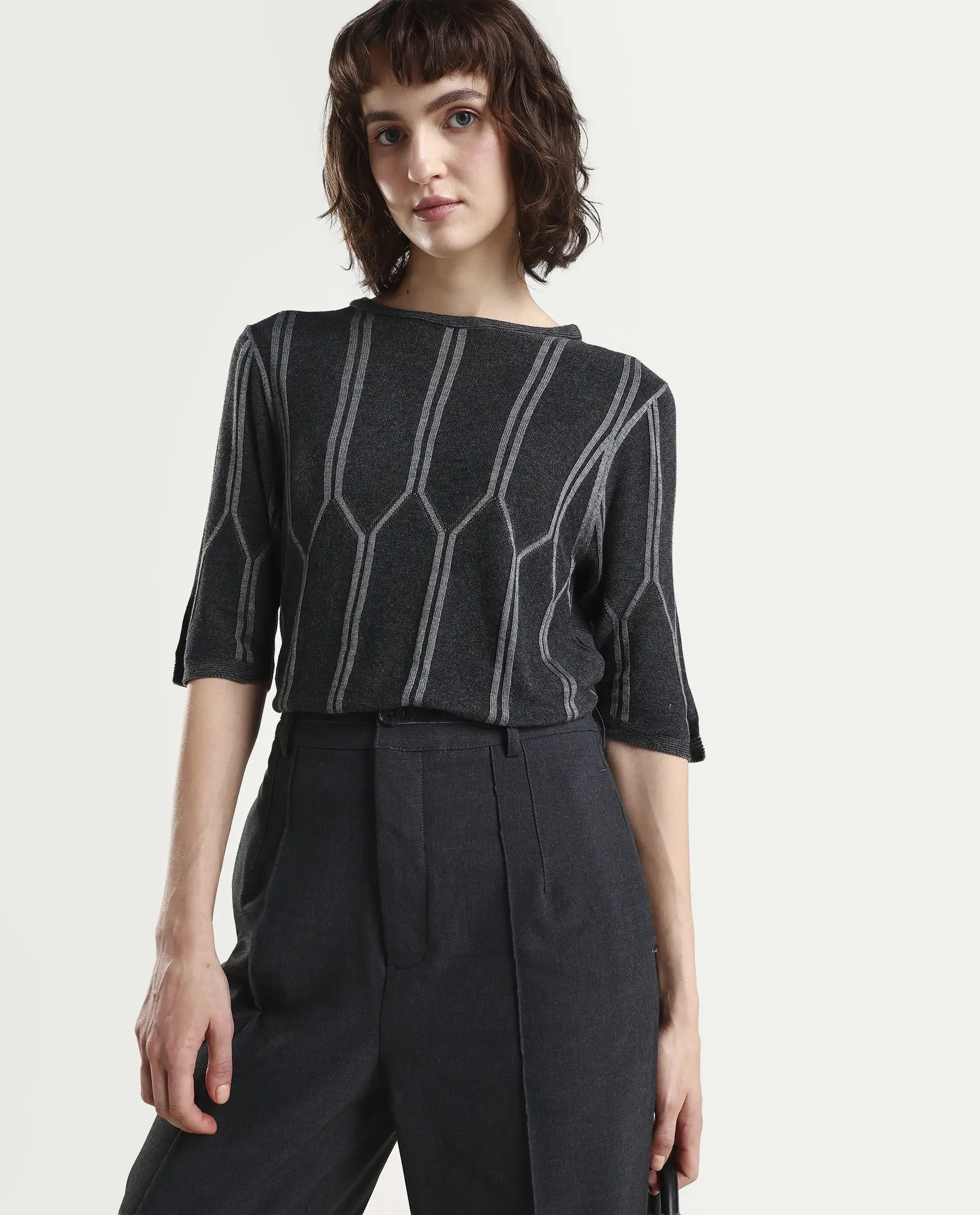 Rareism Women Orate Black Top Short Sleeves