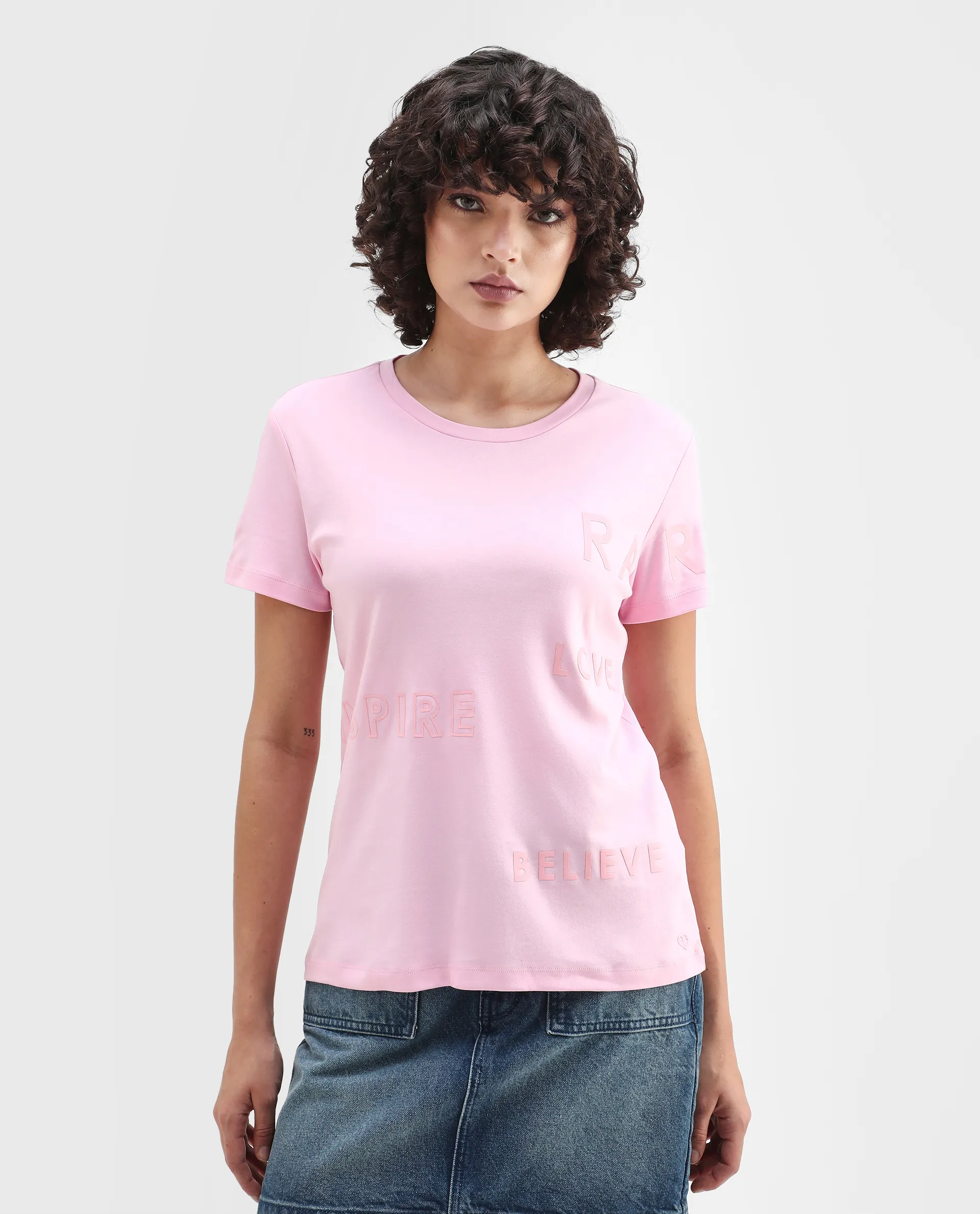 Rareism Women's Oratio Purple Cotton Crew Neck Flock Print Regular Fit T-Shirt