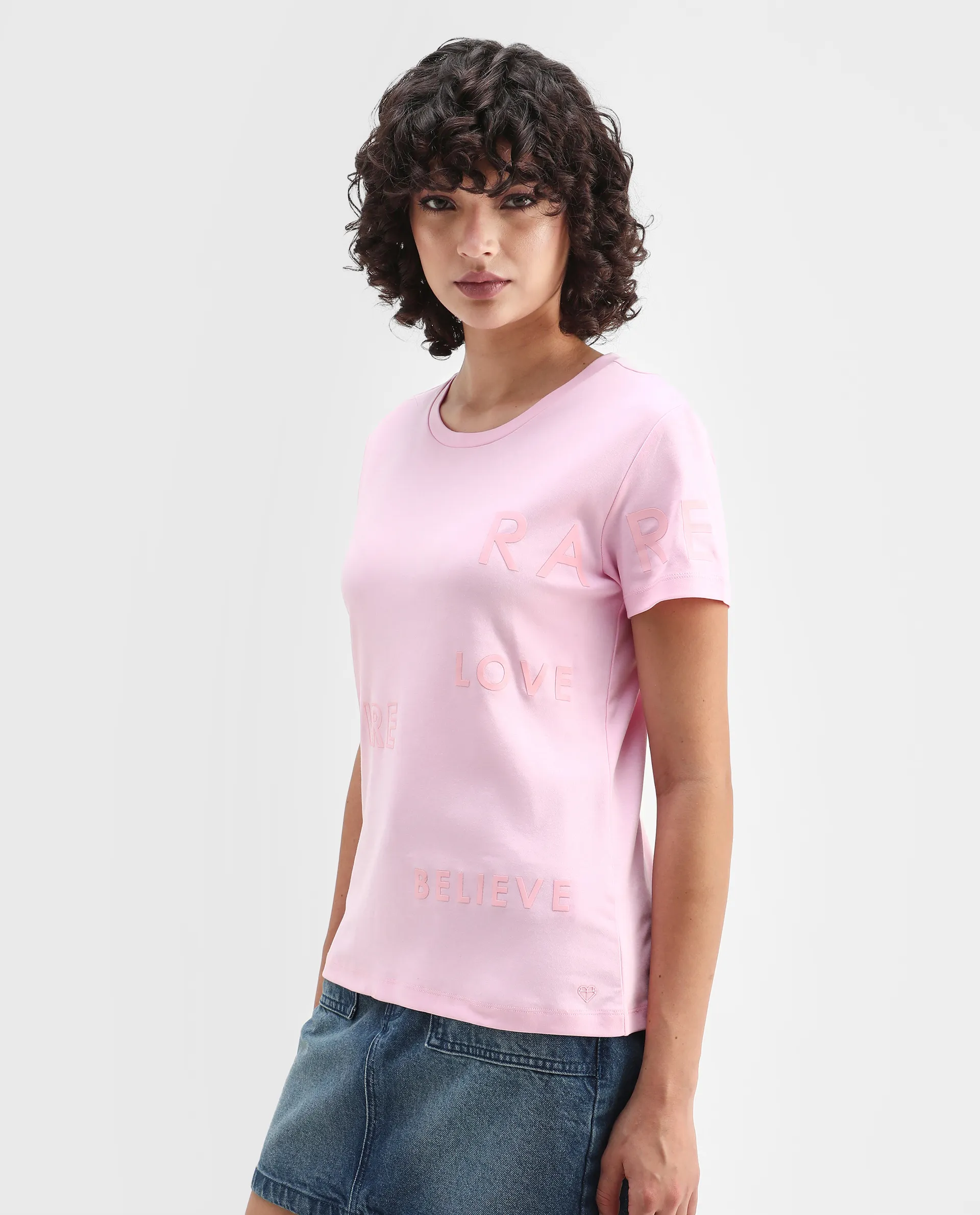 Rareism Women's Oratio Purple Cotton Crew Neck Flock Print Regular Fit T-Shirt - Image 5