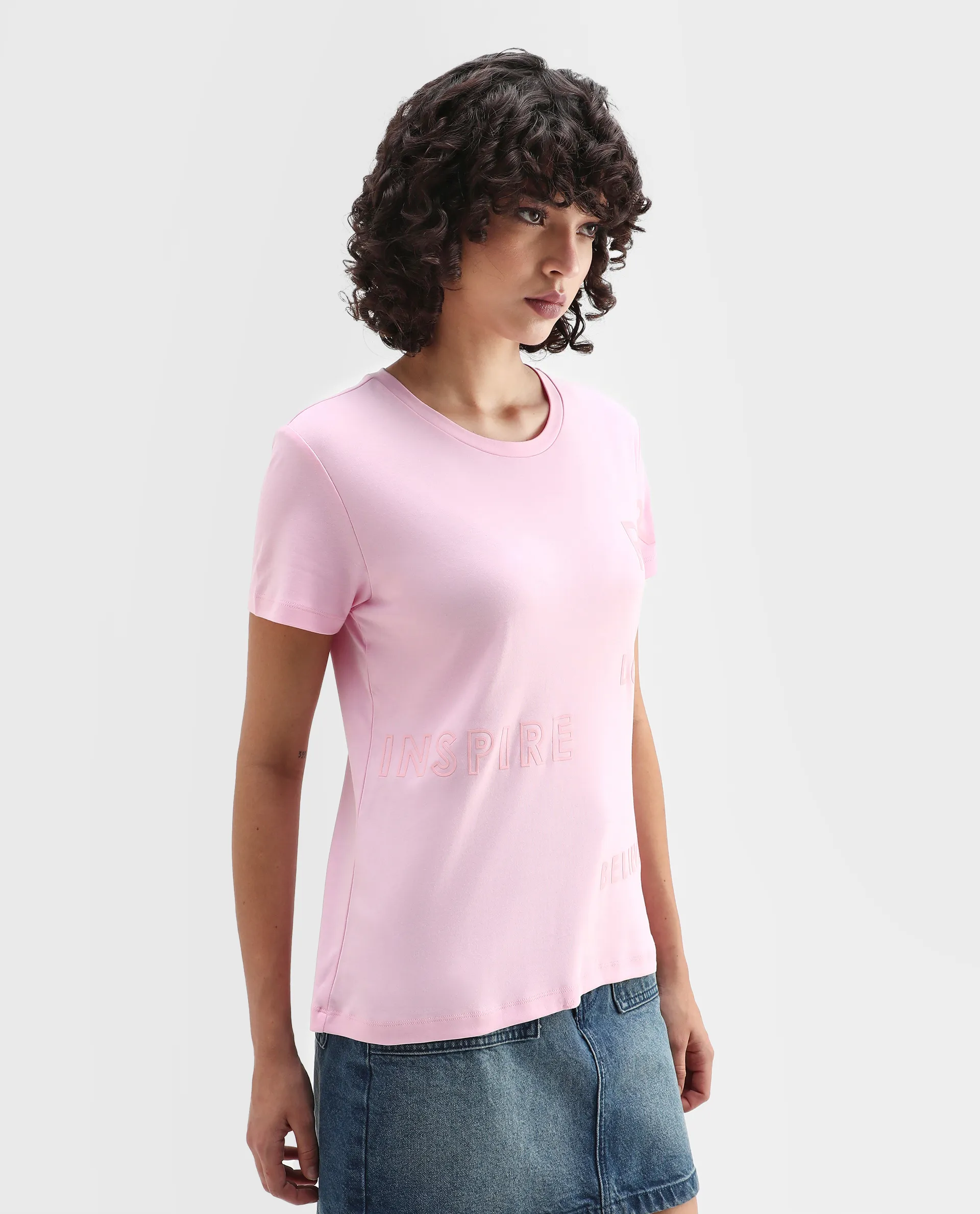 Rareism Women's Oratio Purple Cotton Crew Neck Flock Print Regular Fit T-Shirt - Image 6