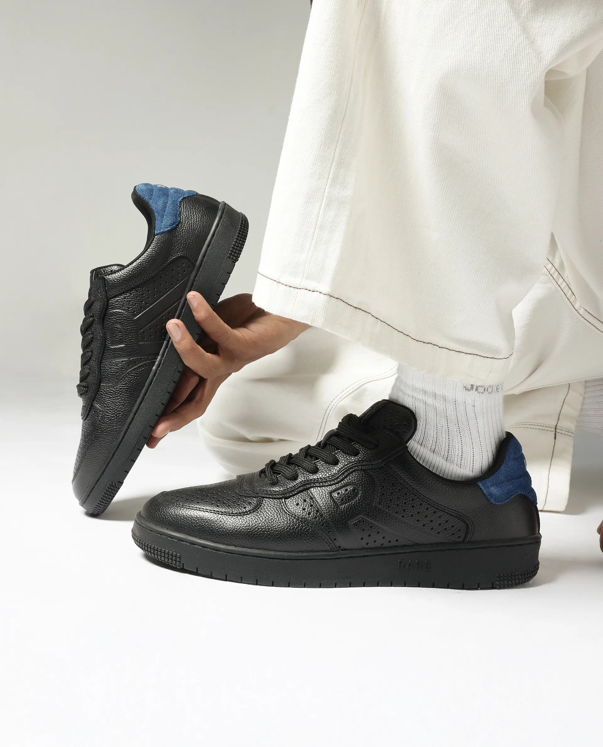 Rare Rabbit Men's Orbiton Black Milled Leather Perforated Details Low-Top Lace-Up Monotone Sneaker Shoes - Image 2