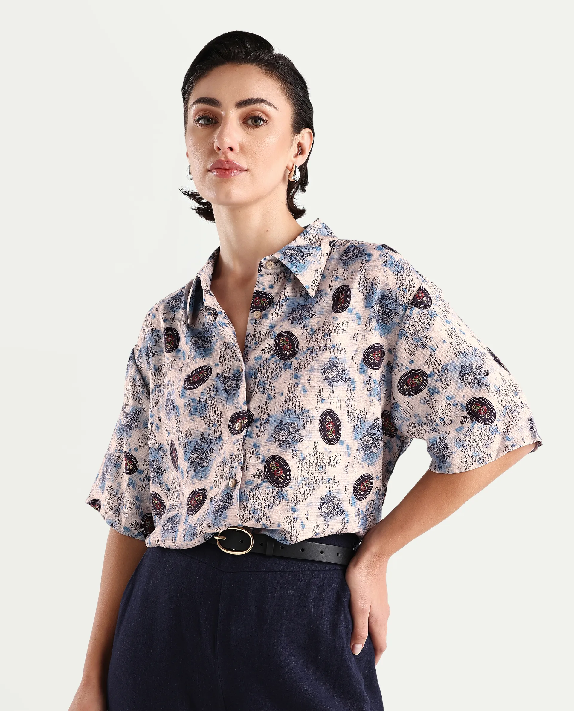 Rareism Women's Orchard Off White Viscose Blend Spread Collar Abstract Print Boxy Fit Top