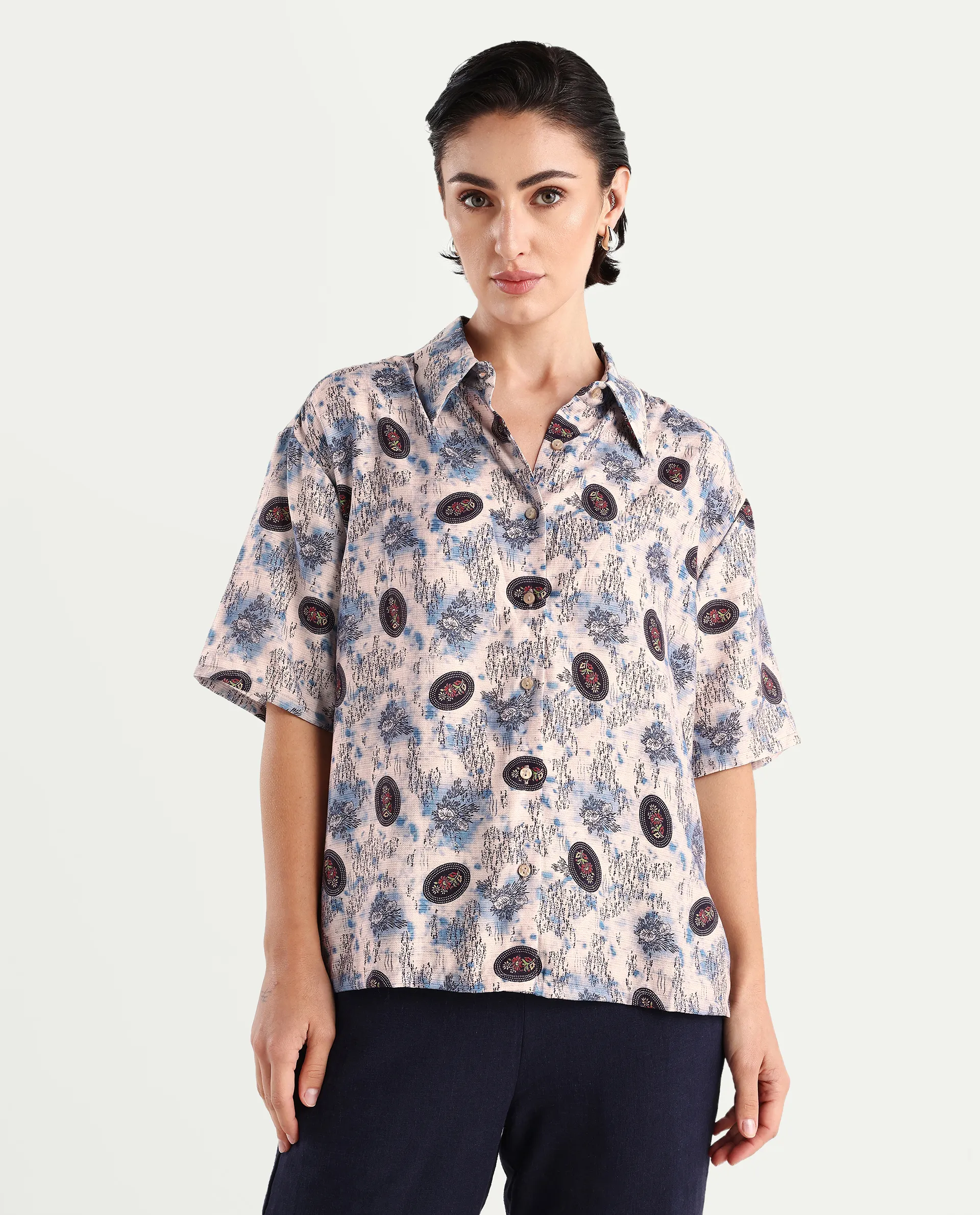 Rareism Women's Orchard Off White Viscose Blend Spread Collar Abstract Print Boxy Fit Top - Image 3