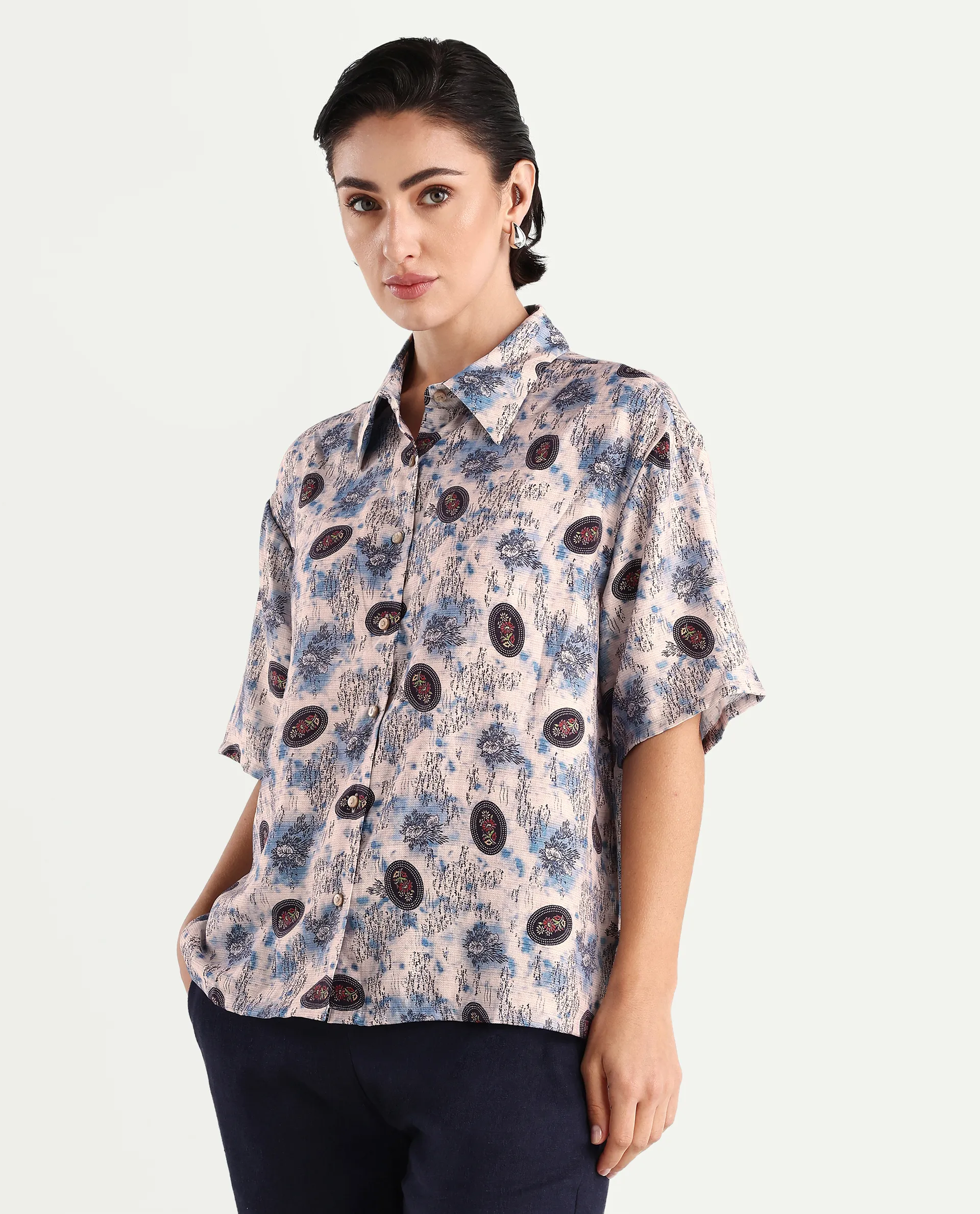 Rareism Women's Orchard Off White Viscose Blend Spread Collar Abstract Print Boxy Fit Top - Image 5