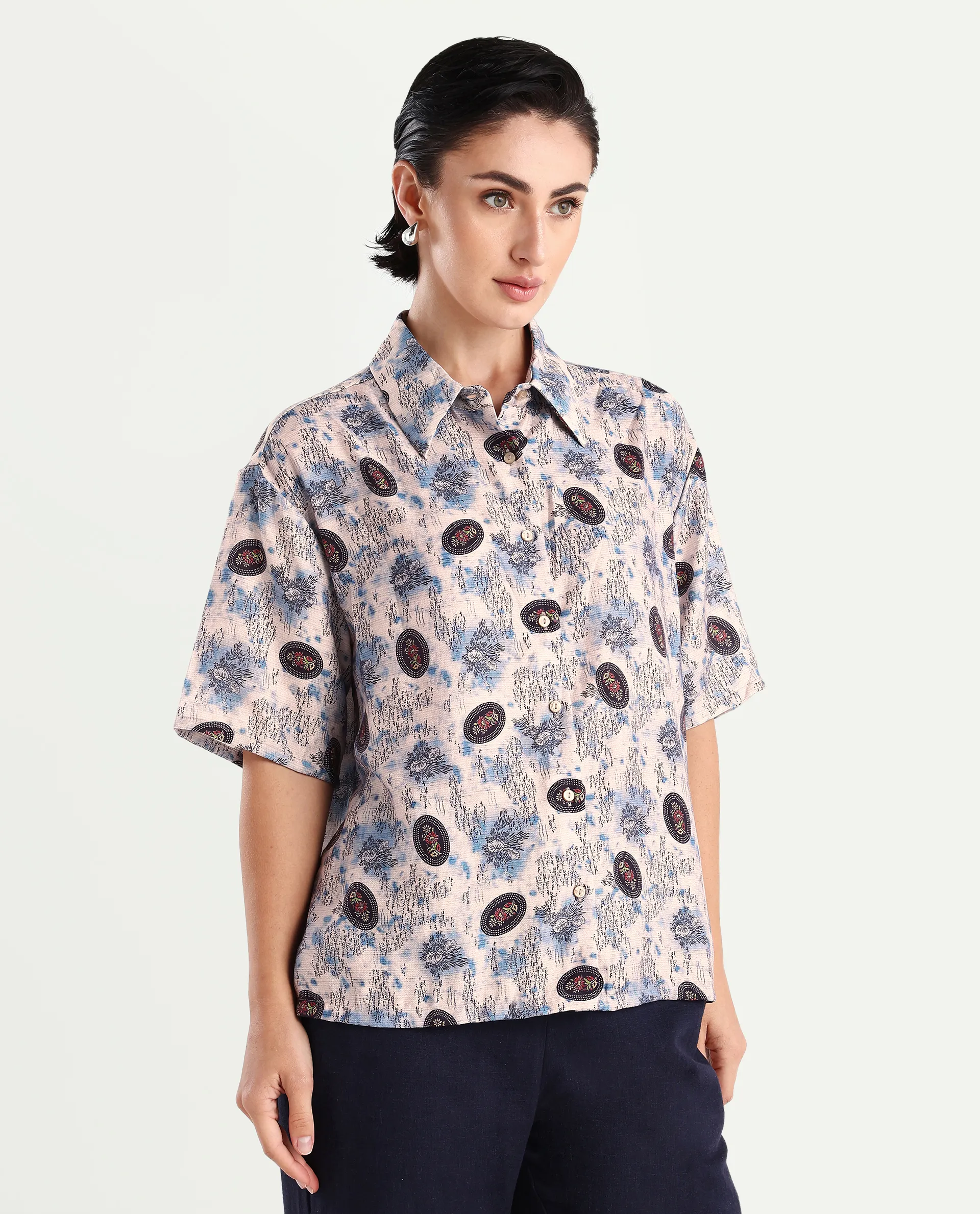 Rareism Women's Orchard Off White Viscose Blend Spread Collar Abstract Print Boxy Fit Top - Image 6