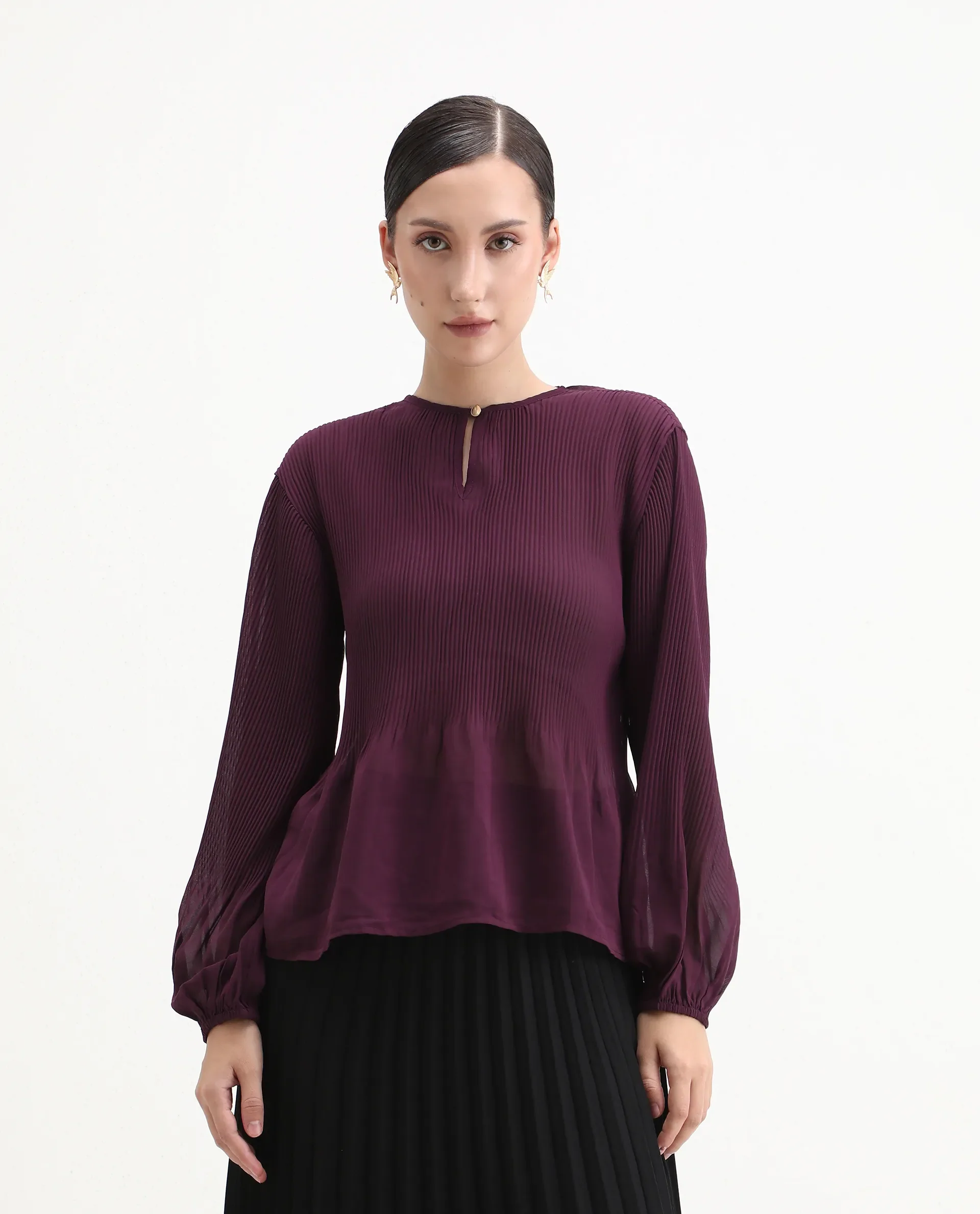 Rareism Women's Ordu Purple Polyester Mandarin Collar Plain Regular Fit Top - Image 4