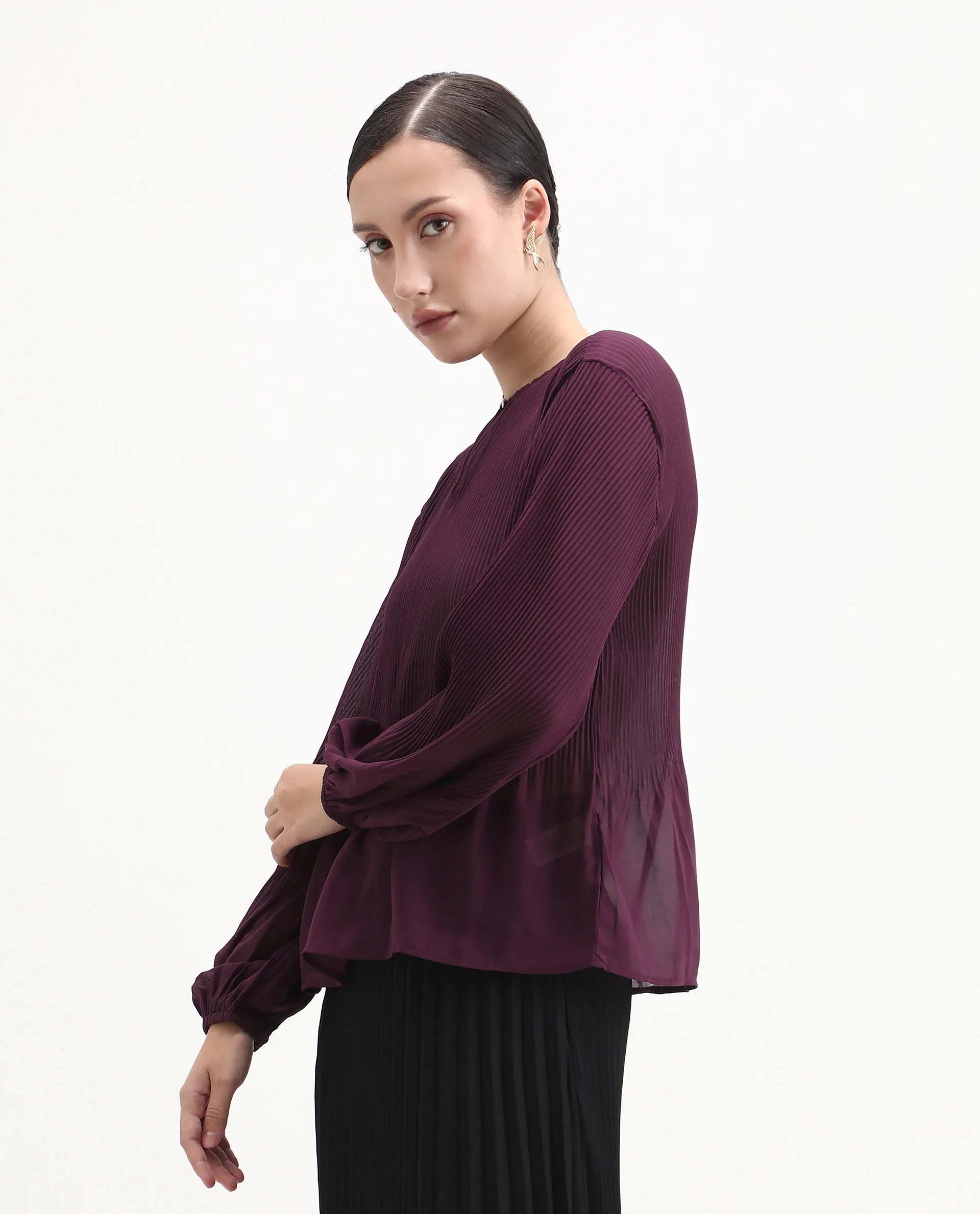 Rareism Women's Ordu Purple Polyester Mandarin Collar Plain Regular Fit Top - Image 5
